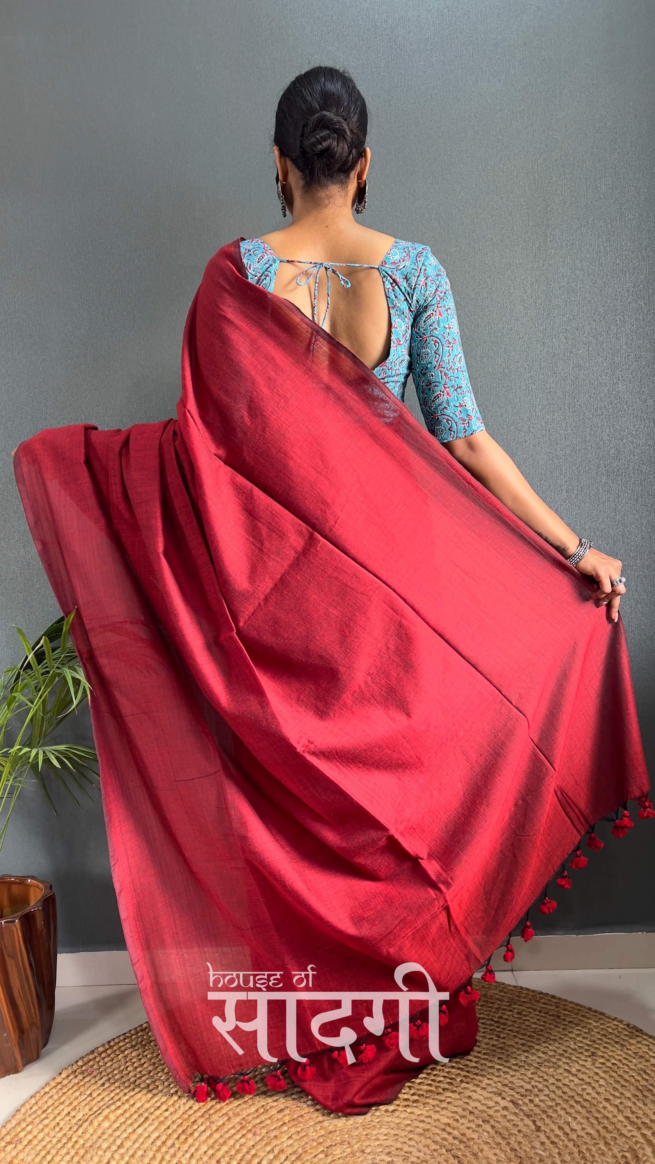 Light Marun Handloom Cotton Saree With Sky Printed Blouse