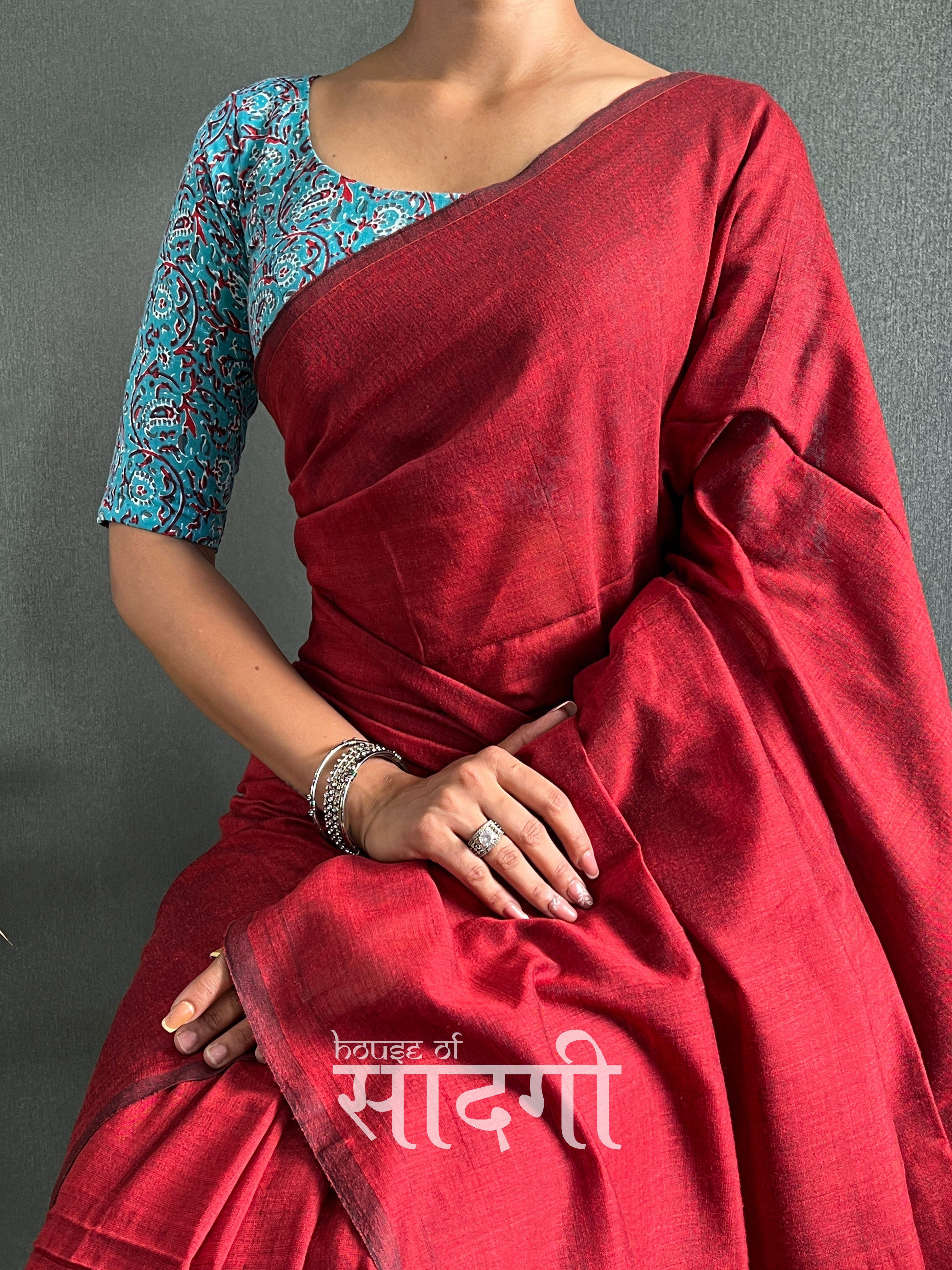 Light Marun Handloom Cotton Saree With Sky Printed Blouse