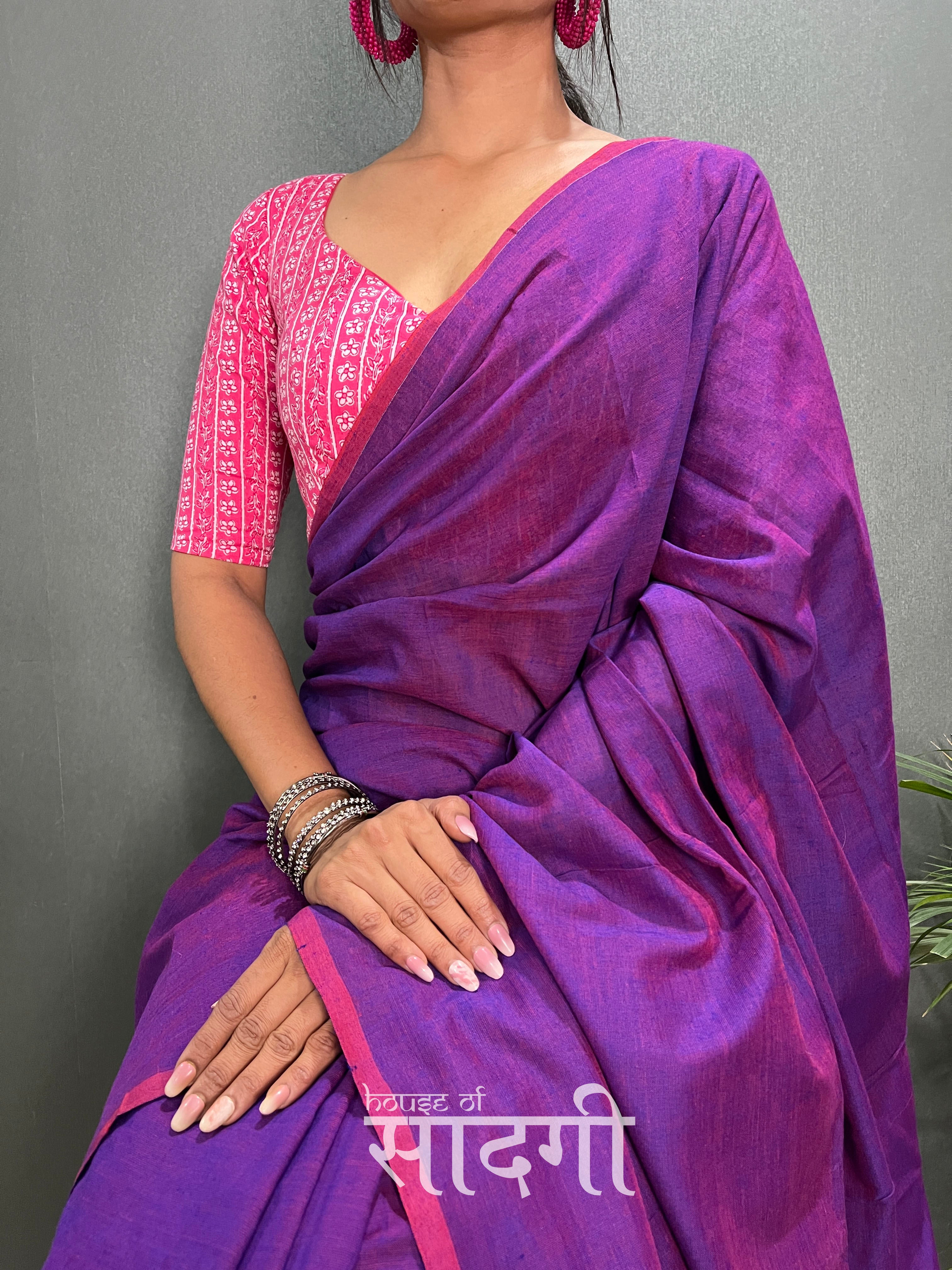 Purple Dual Tone Handloom Cotton Saree With Pink  Printed Blouse