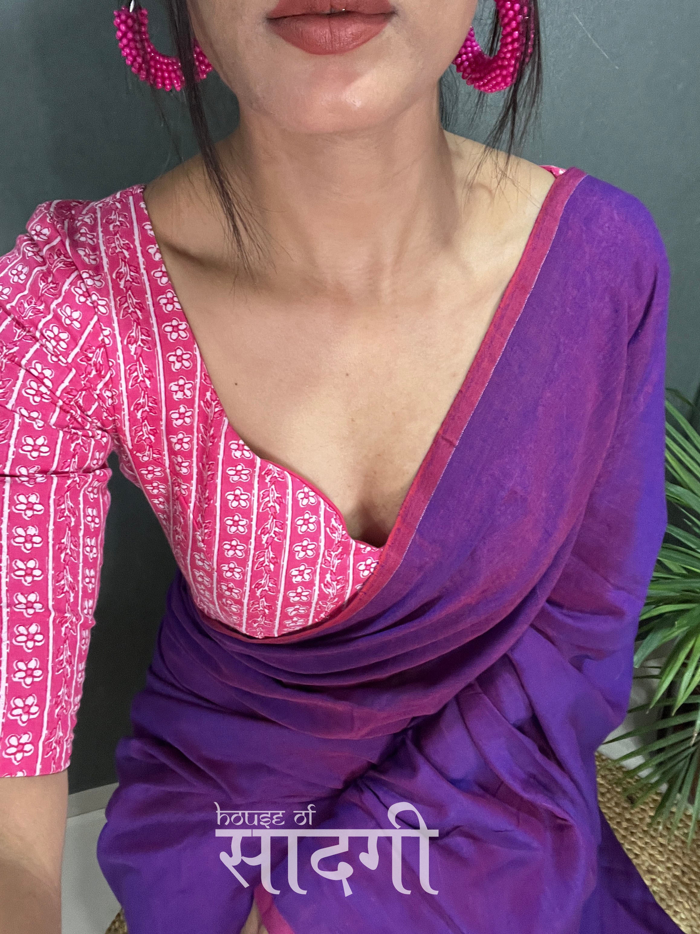 Purple Dual Tone Handloom Cotton Saree With Pink  Printed Blouse