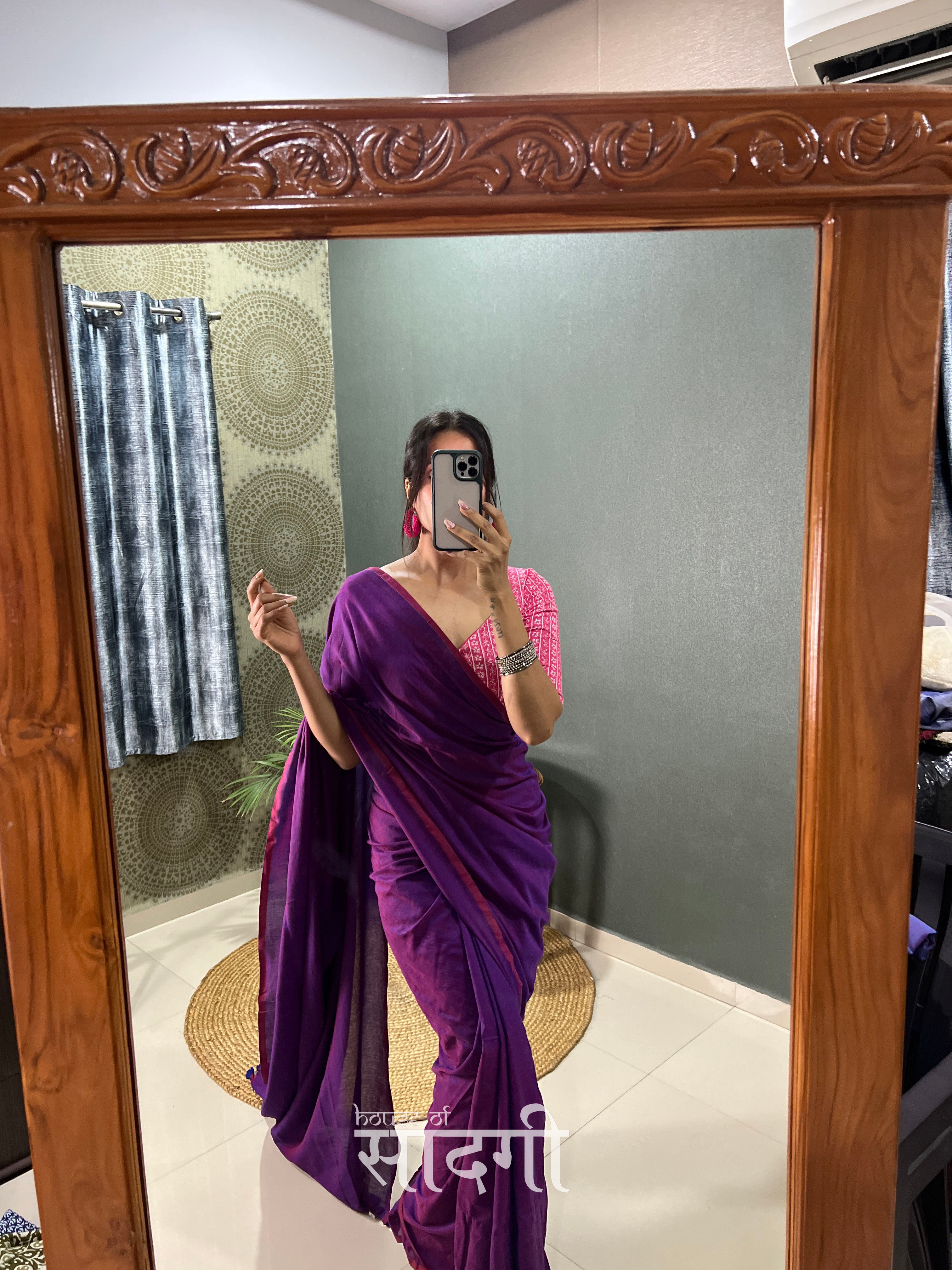 Purple Dual Tone Handloom Cotton Saree With Pink  Printed Blouse