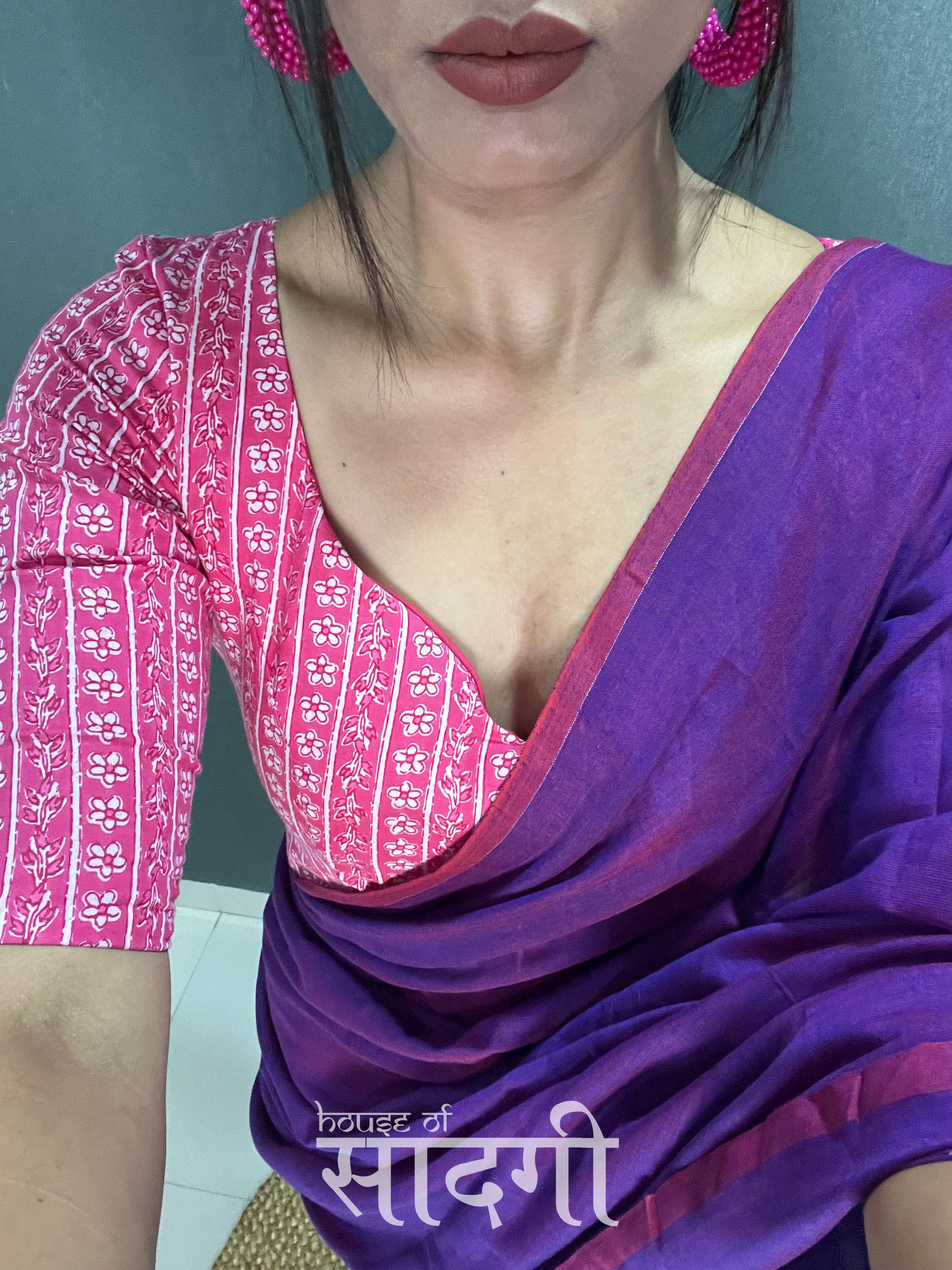 Purple Dual Tone Handloom Cotton Saree With Pink  Printed Blouse