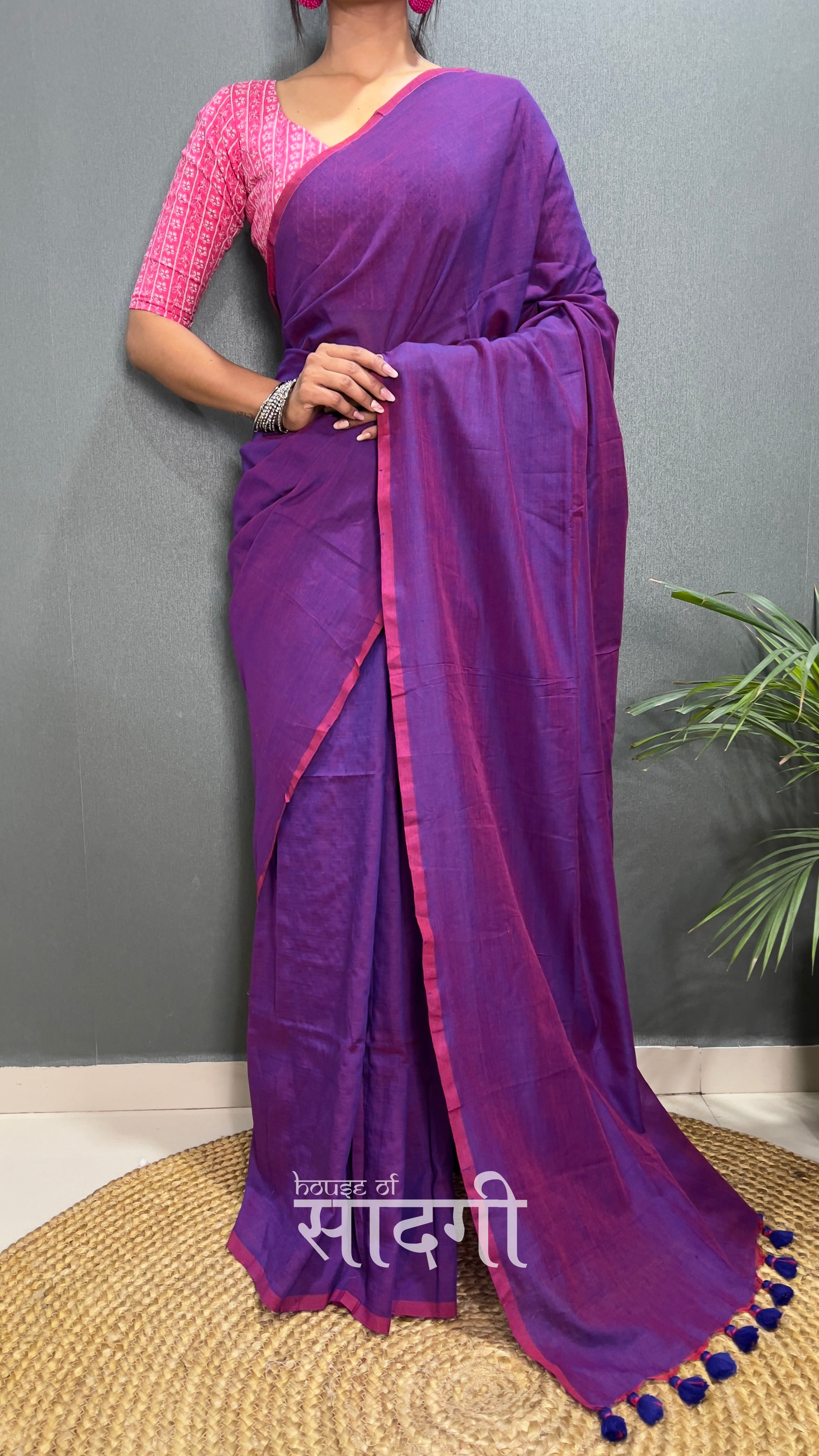 Purple Dual Tone Handloom Cotton Saree With Pink  Printed Blouse