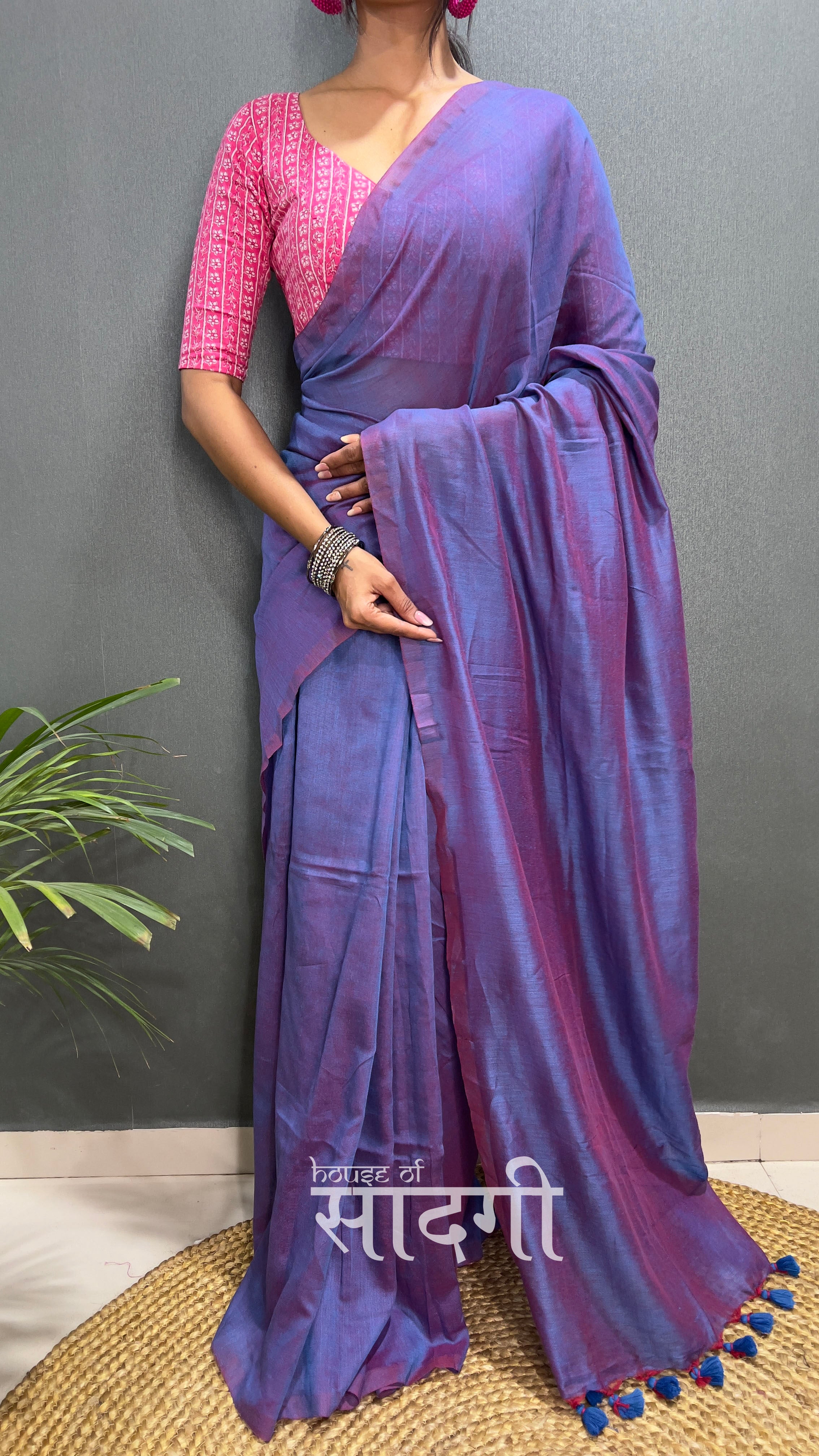 Blue Dual Tone Handloom Cotton Saree With Pink  Printed Blouse