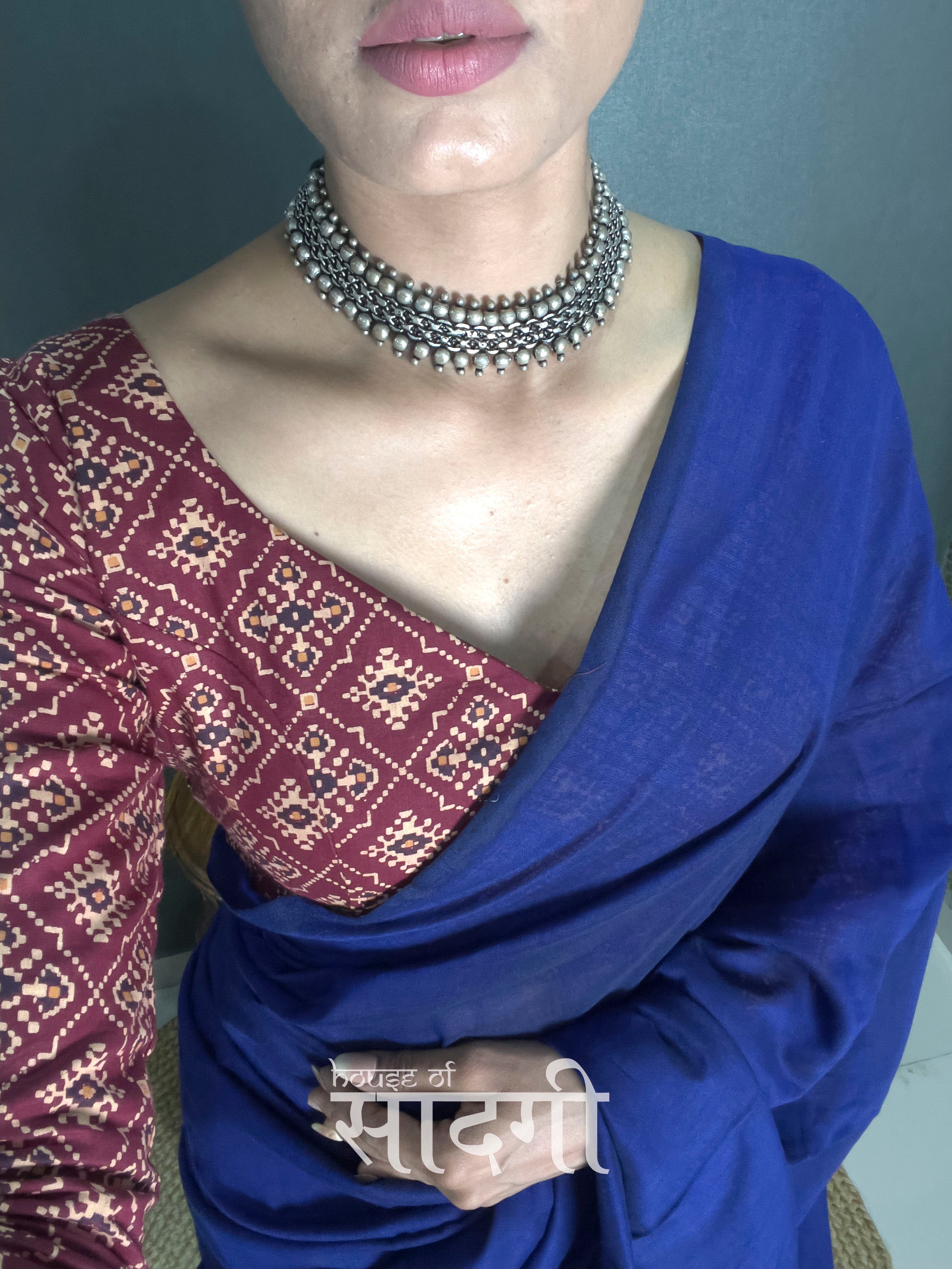 Royal Blue Handloom Cotton Saree With Patola Printed Blouse