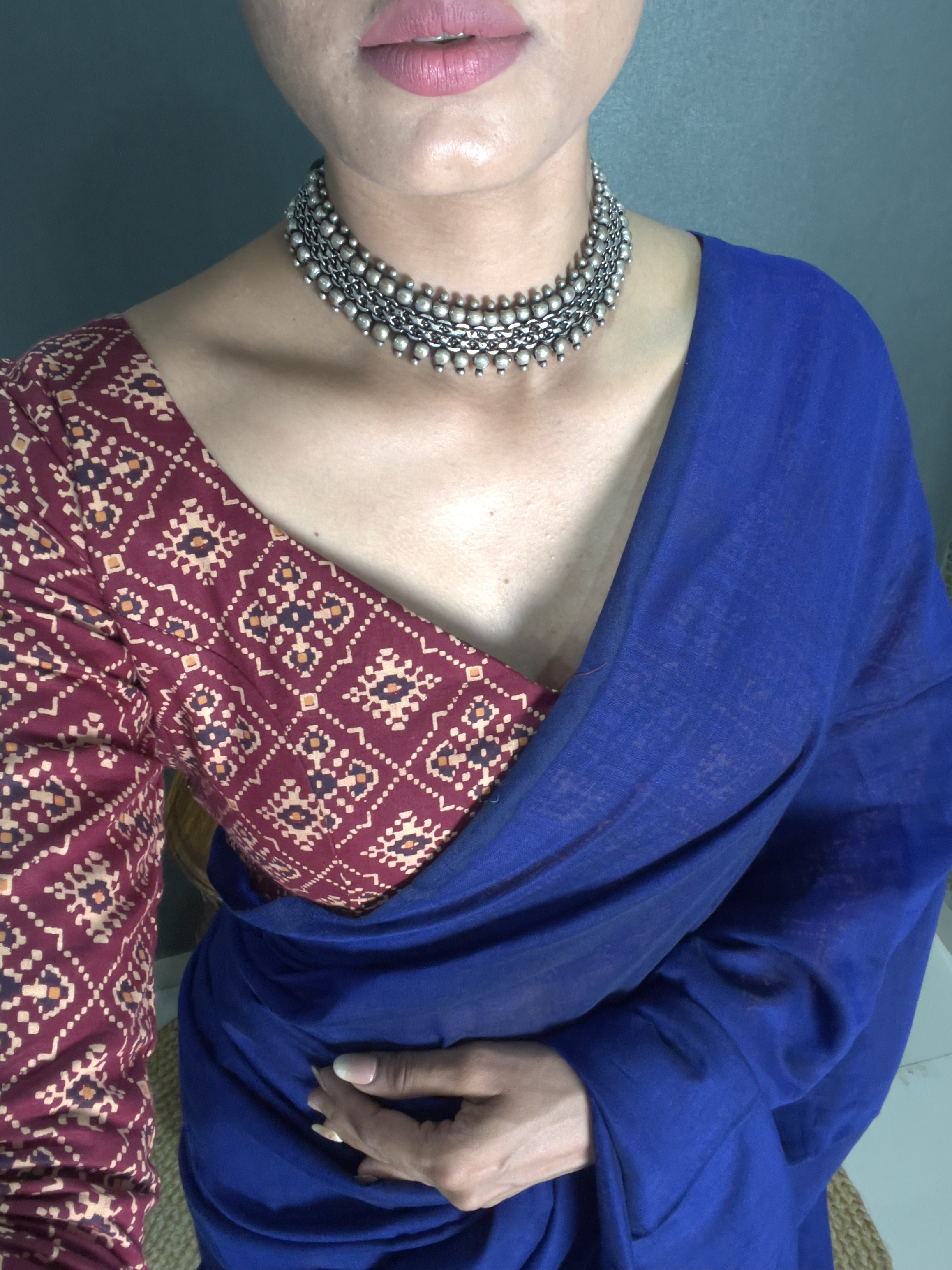 Royal Blue Handloom Cotton Saree With Patola Printed Blouse