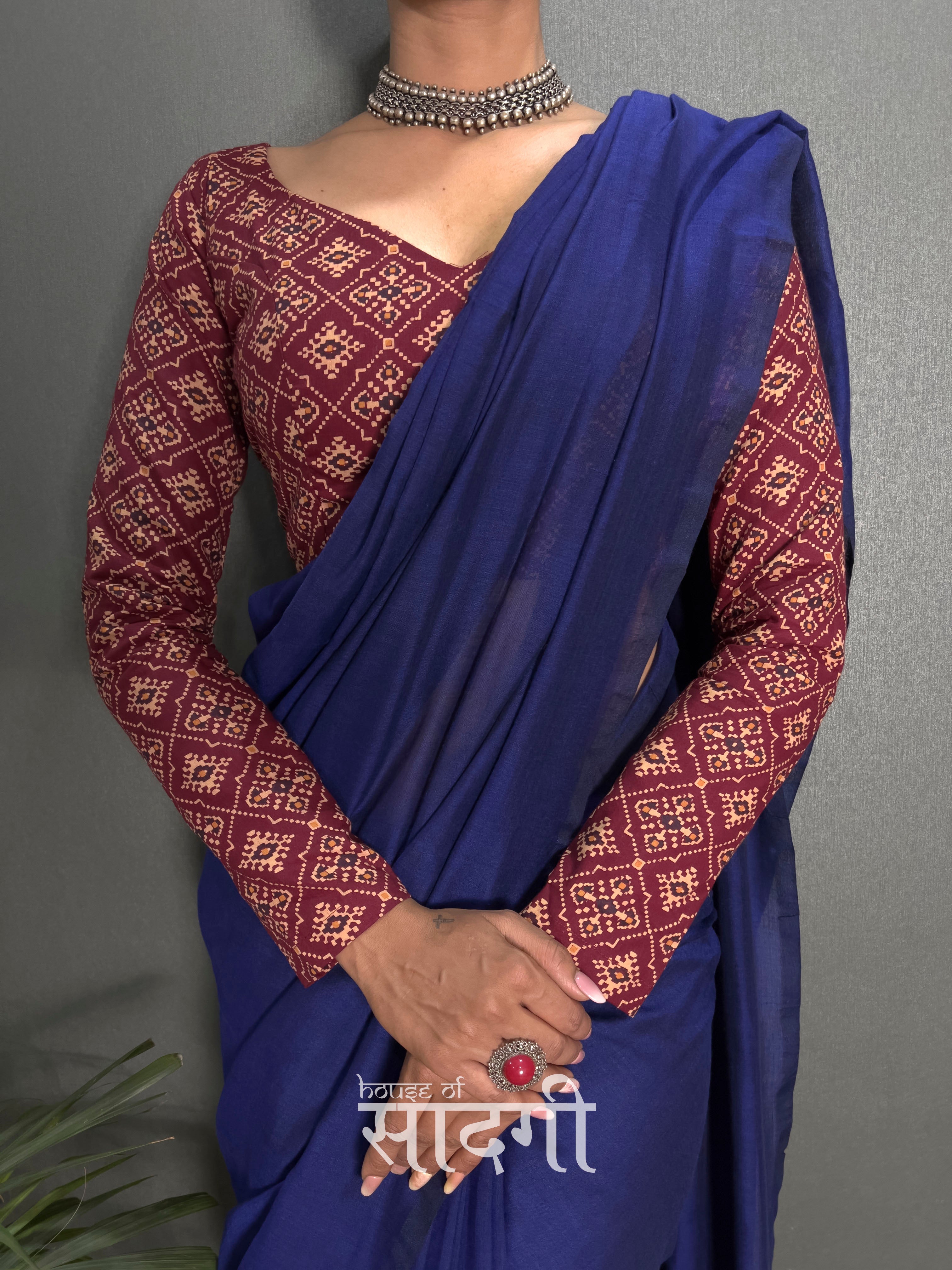 Royal Blue Handloom Cotton Saree With Patola Printed Blouse