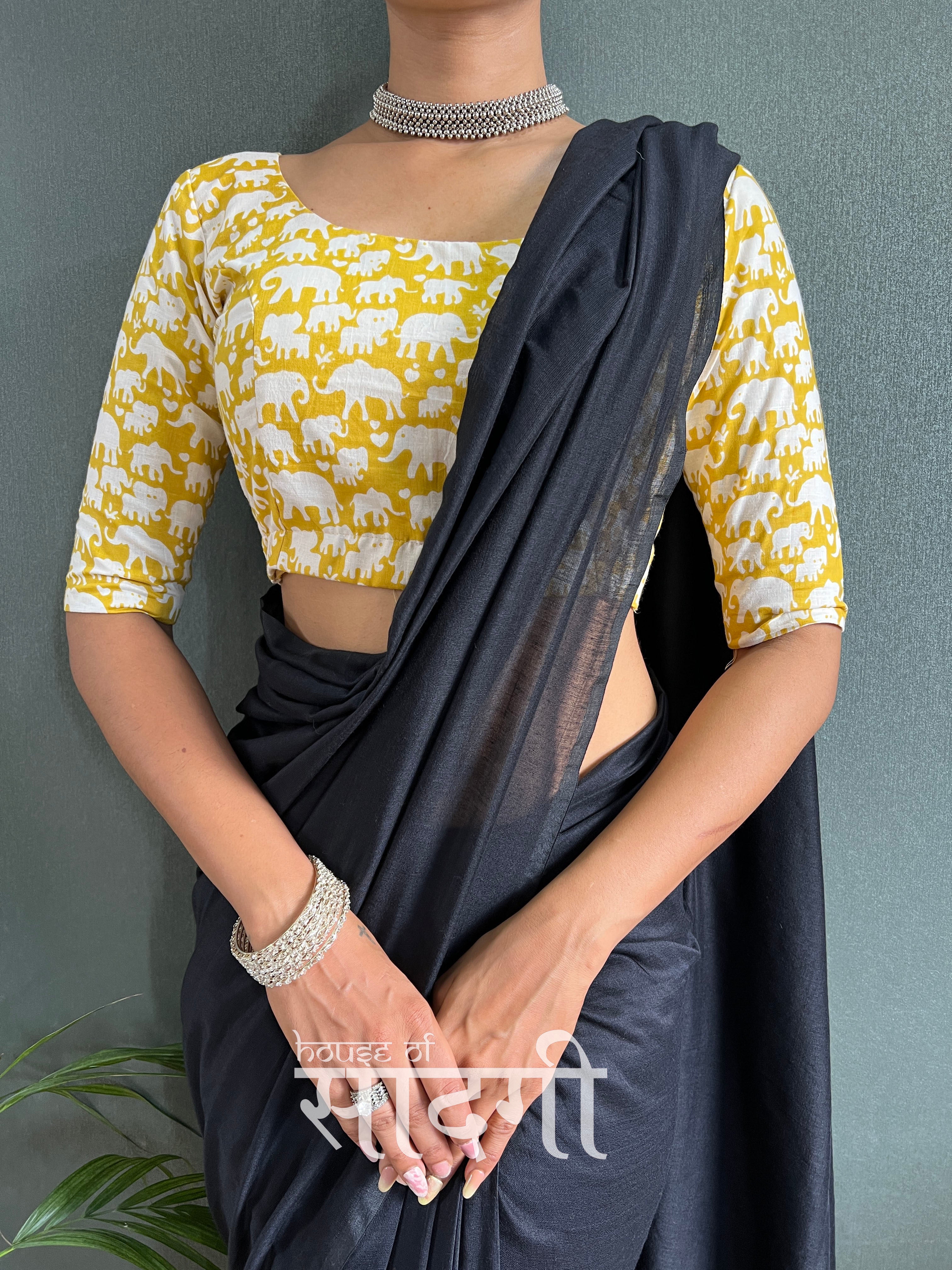 Black Handloom Cotton Saree With Elephant  Printed Blouse