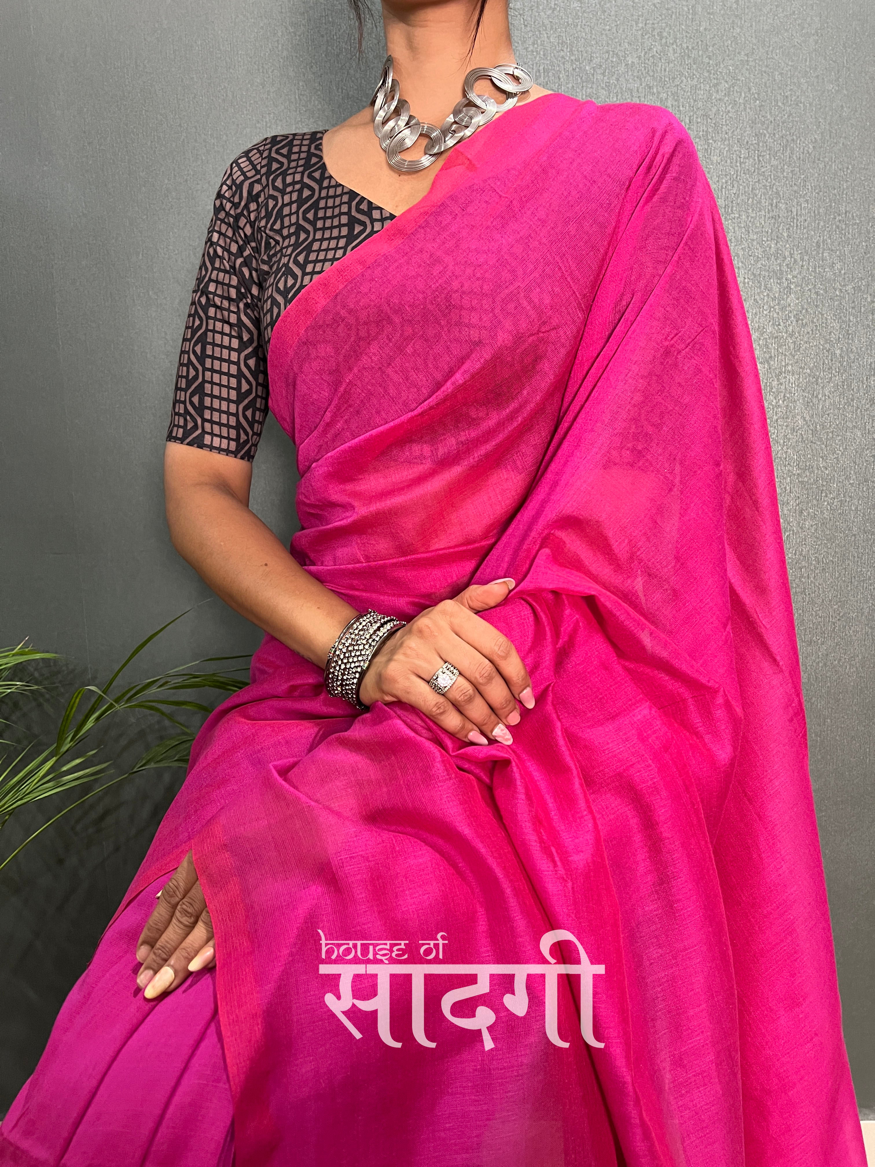 Pink  Handloom Cotton Saree With Black Printed Blouse