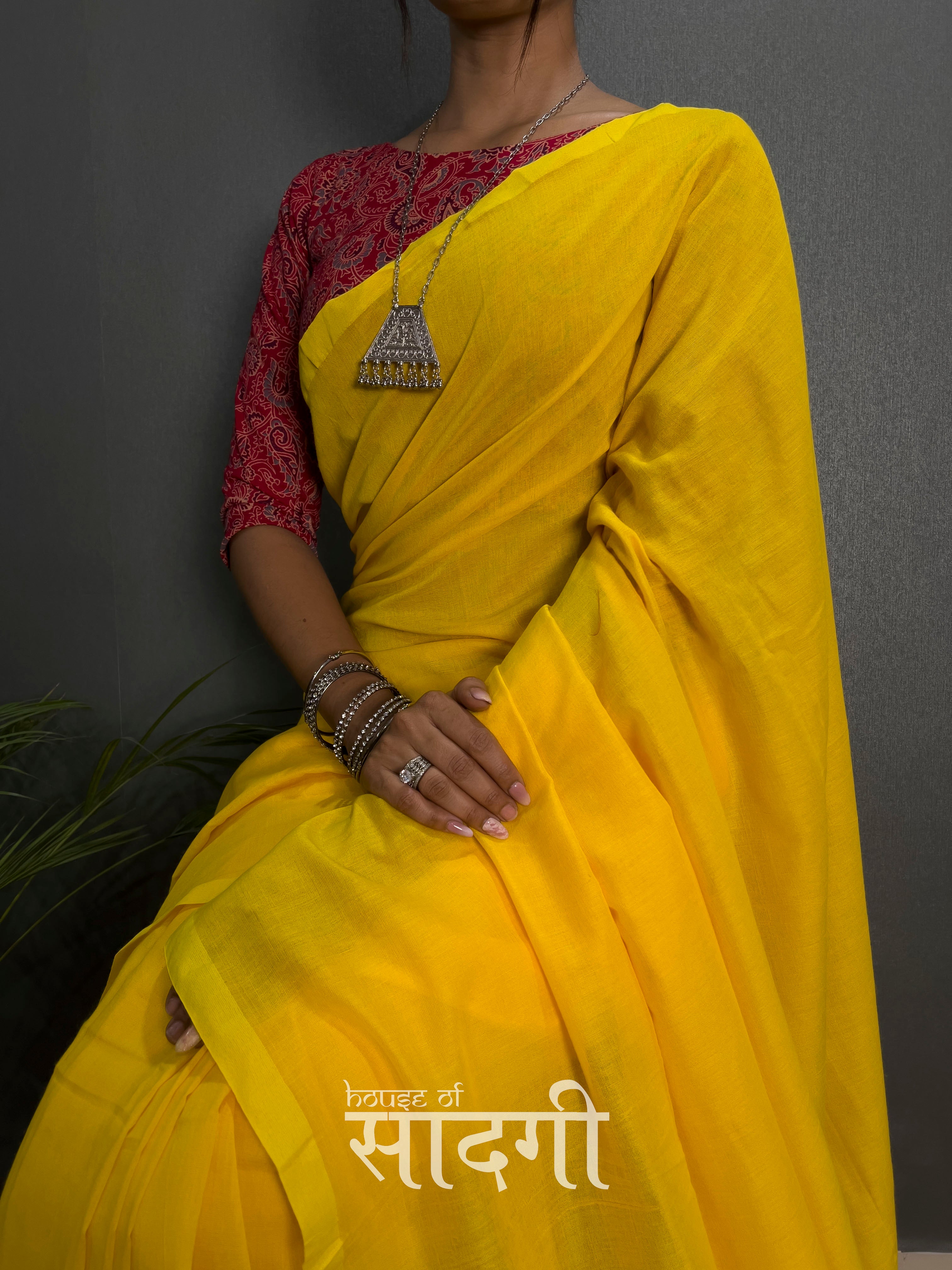 Yellow Handloom Cotton Saree With Red Mango Printed Blouse