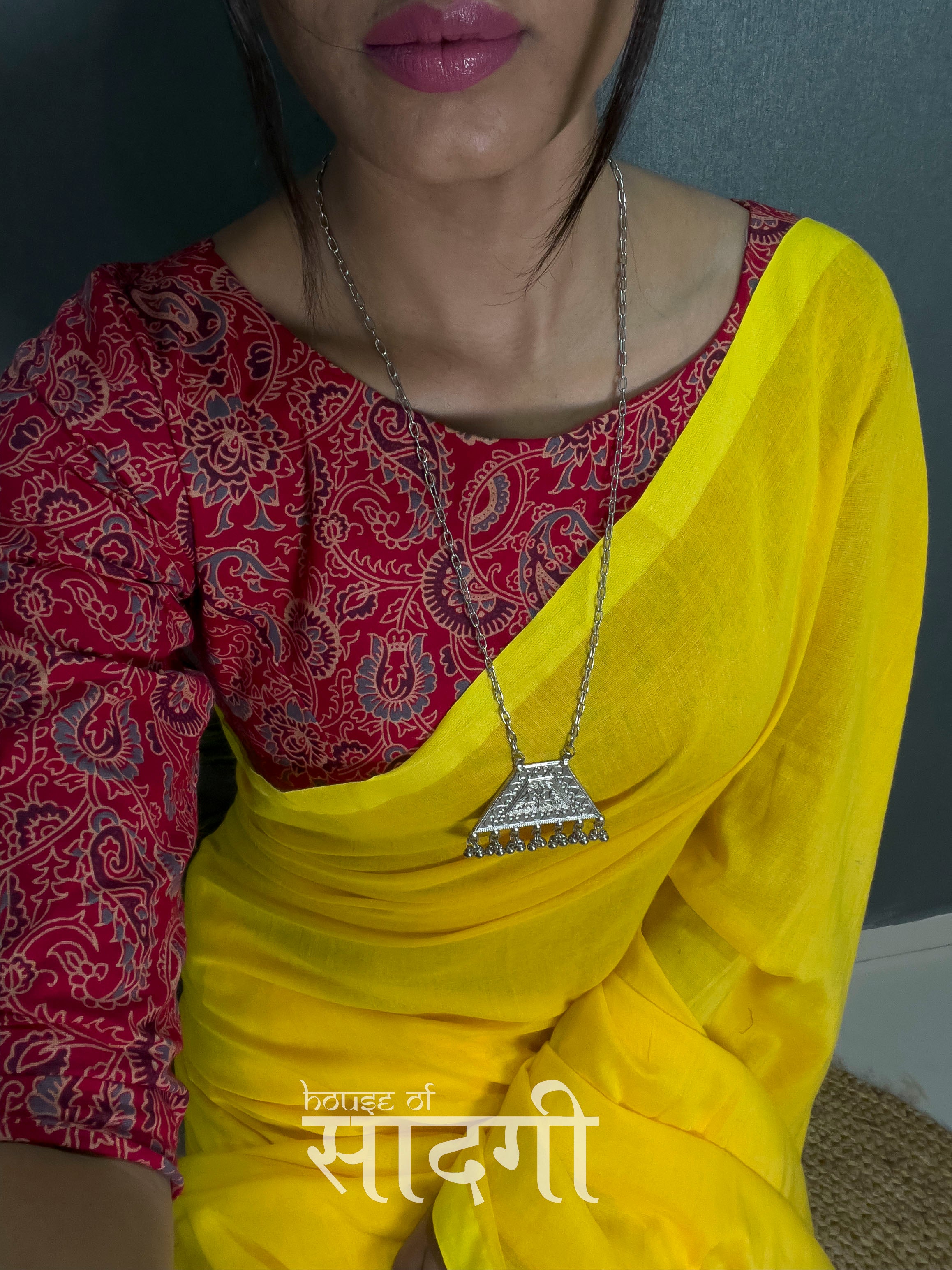 Yellow Handloom Cotton Saree With Red Mango Printed Blouse