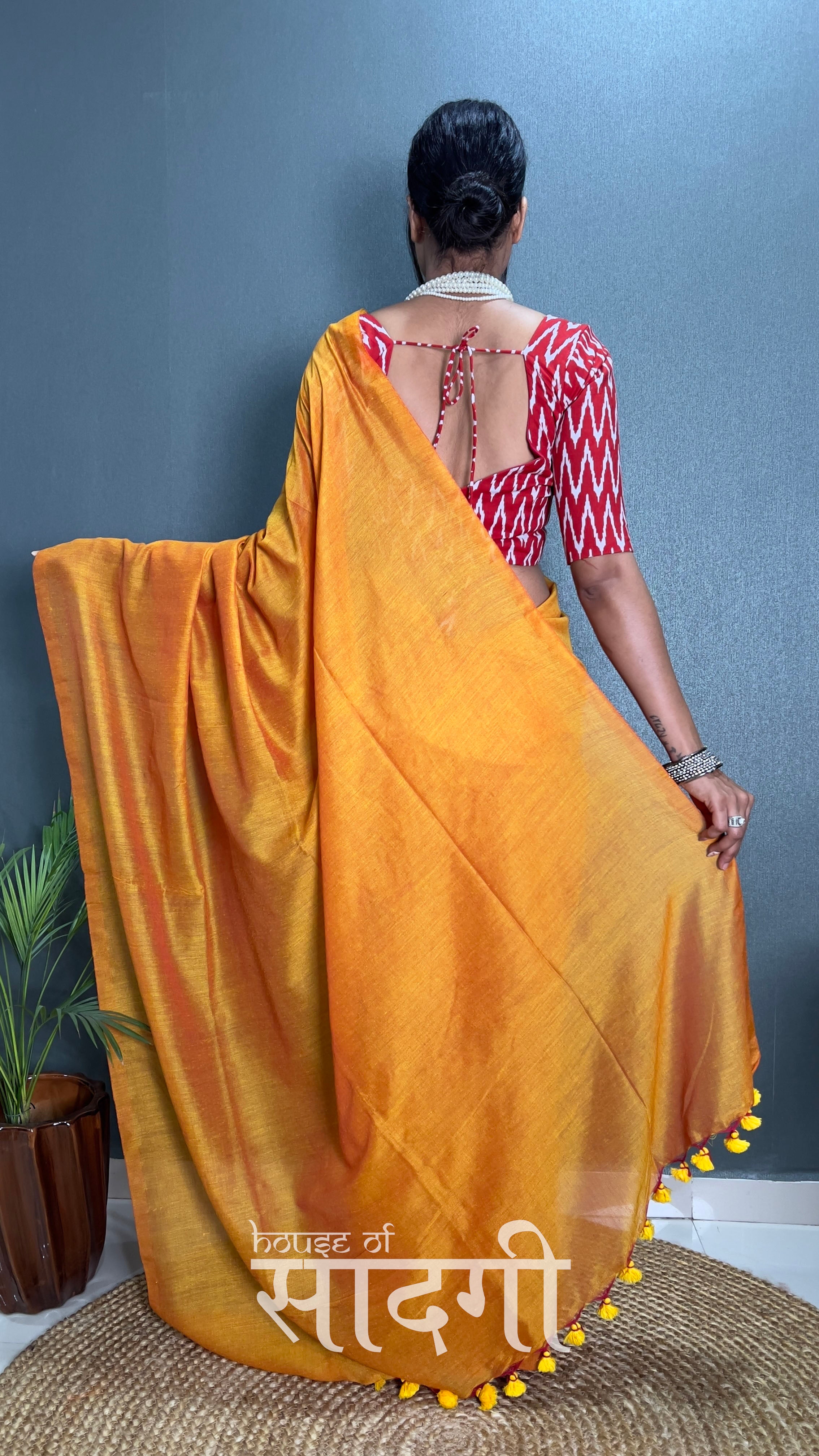 Mustard Handloom Cotton Saree With Red Zig Zag Printed Blouse