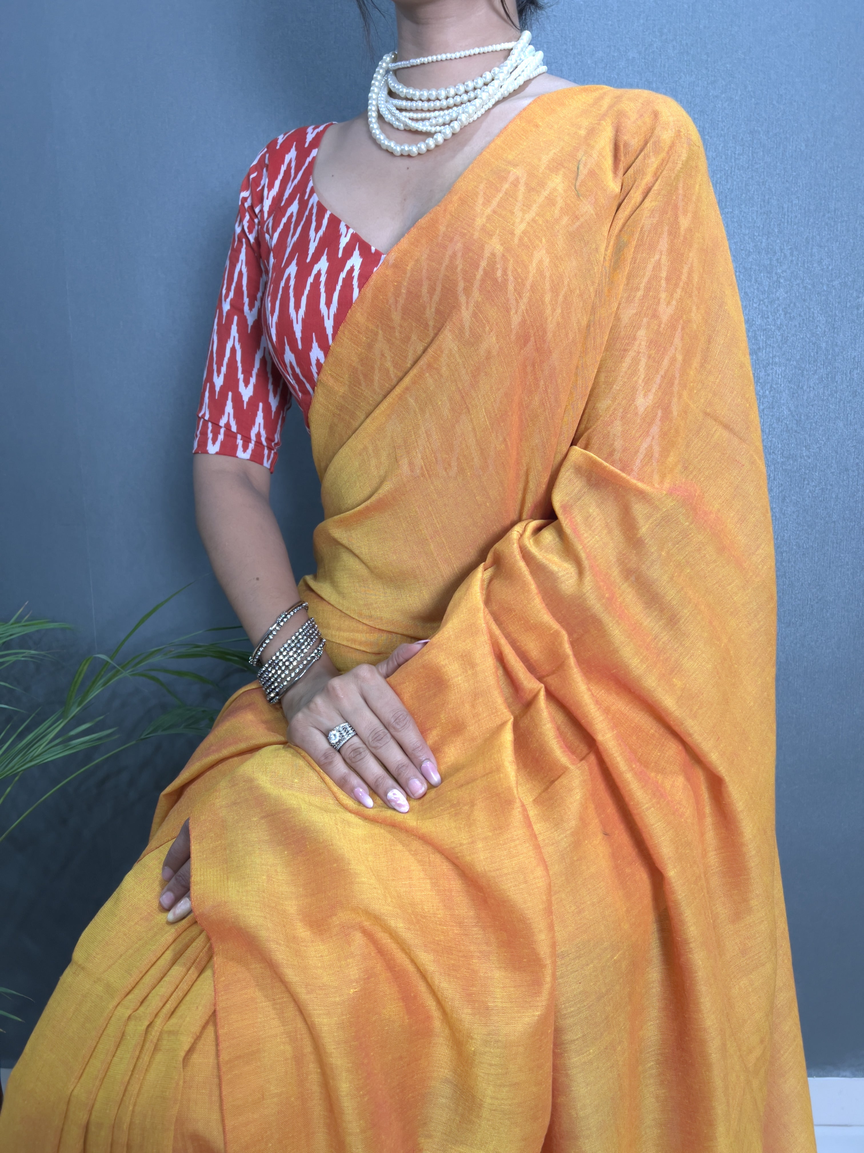 Mustard Handloom Cotton Saree With Red Zig Zag Printed Blouse