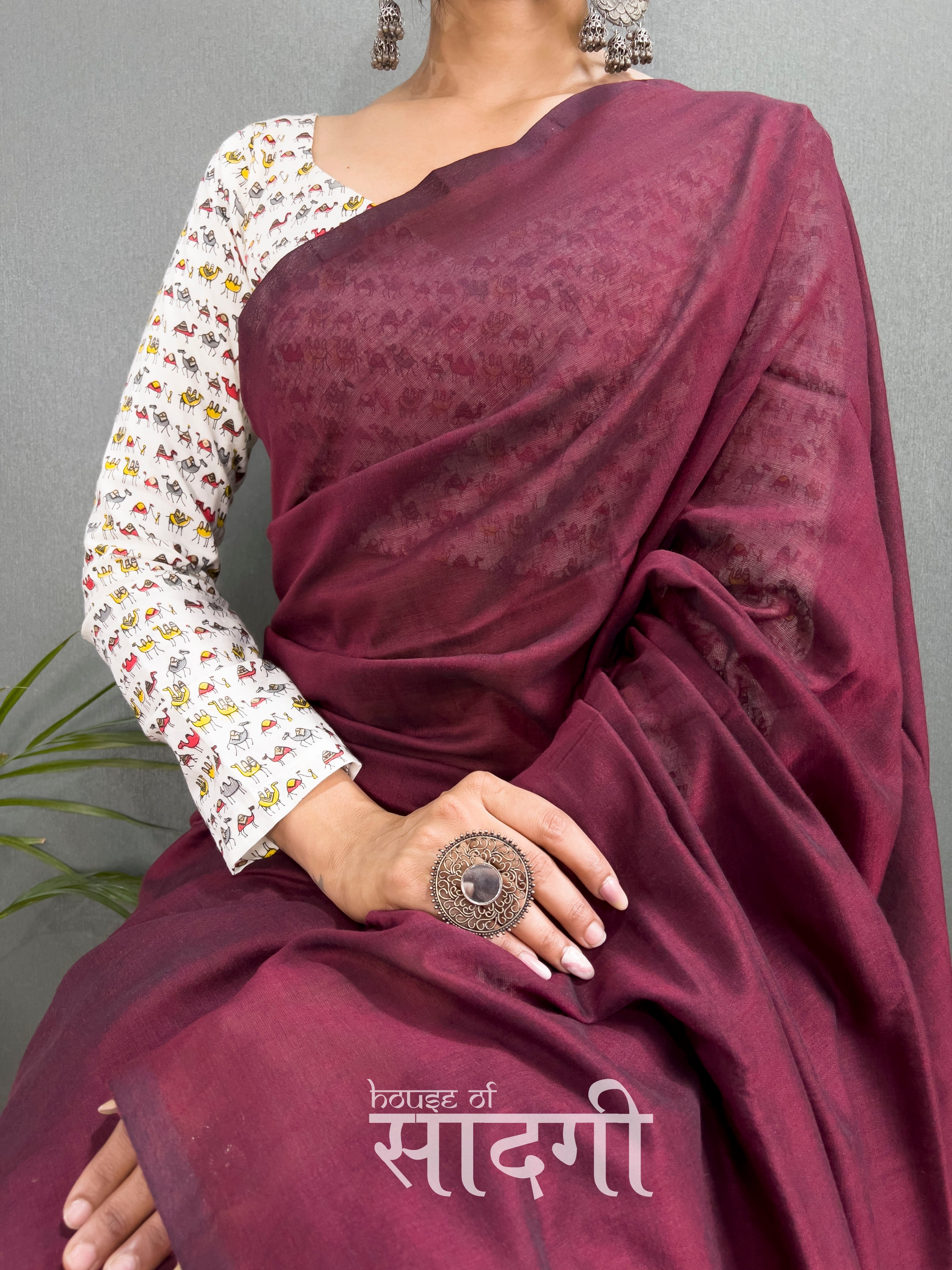 Dark Maroon Handloom Cotton Saree With Camel Printed Blouse