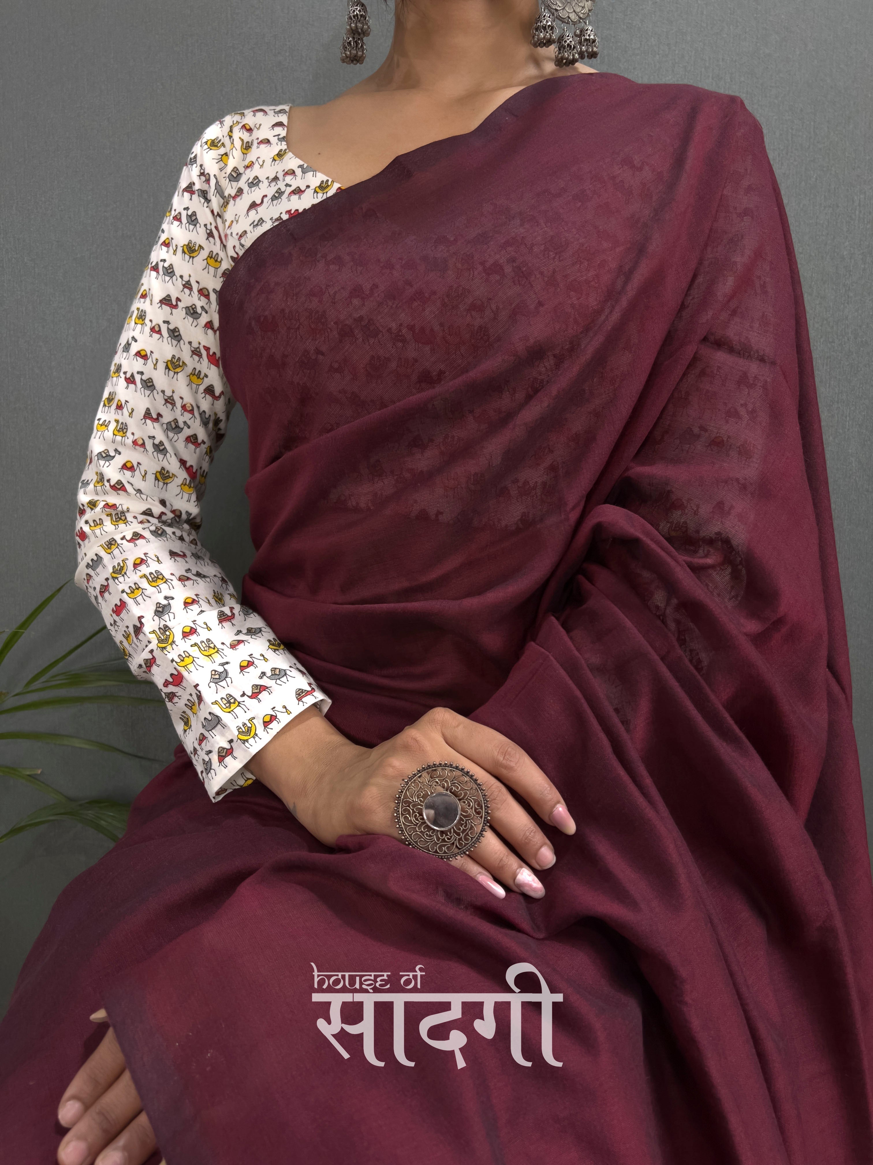 Dark Maroon Handloom Cotton Saree With Camel Printed Blouse