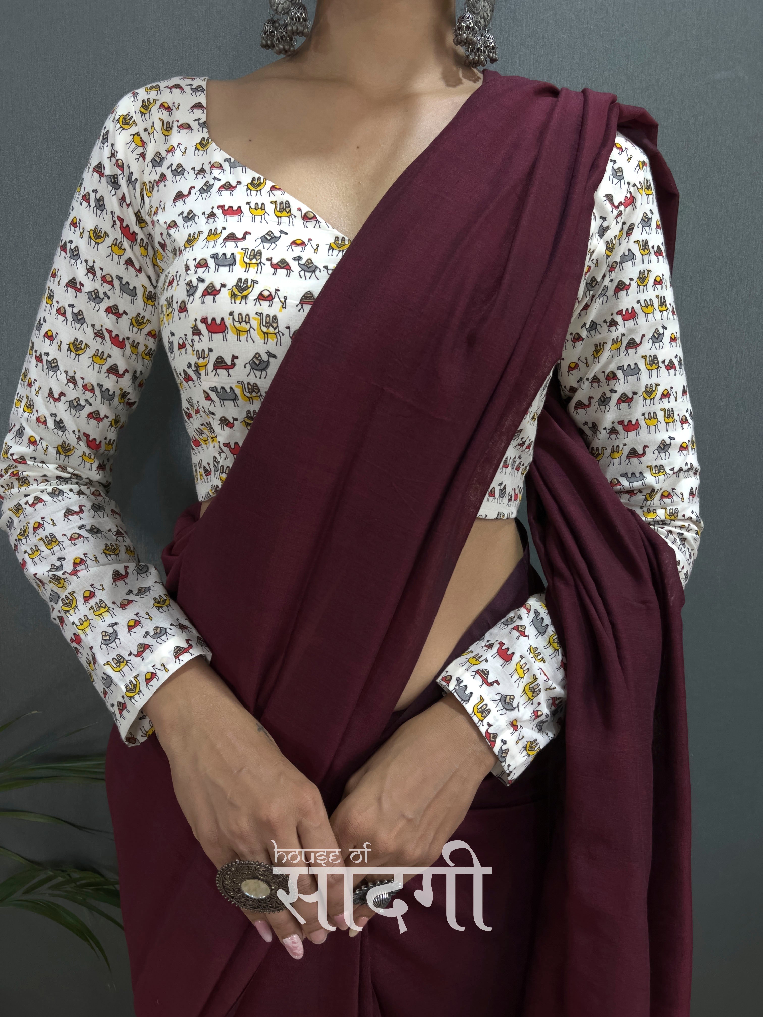 Dark Maroon Handloom Cotton Saree With Camel Printed Blouse