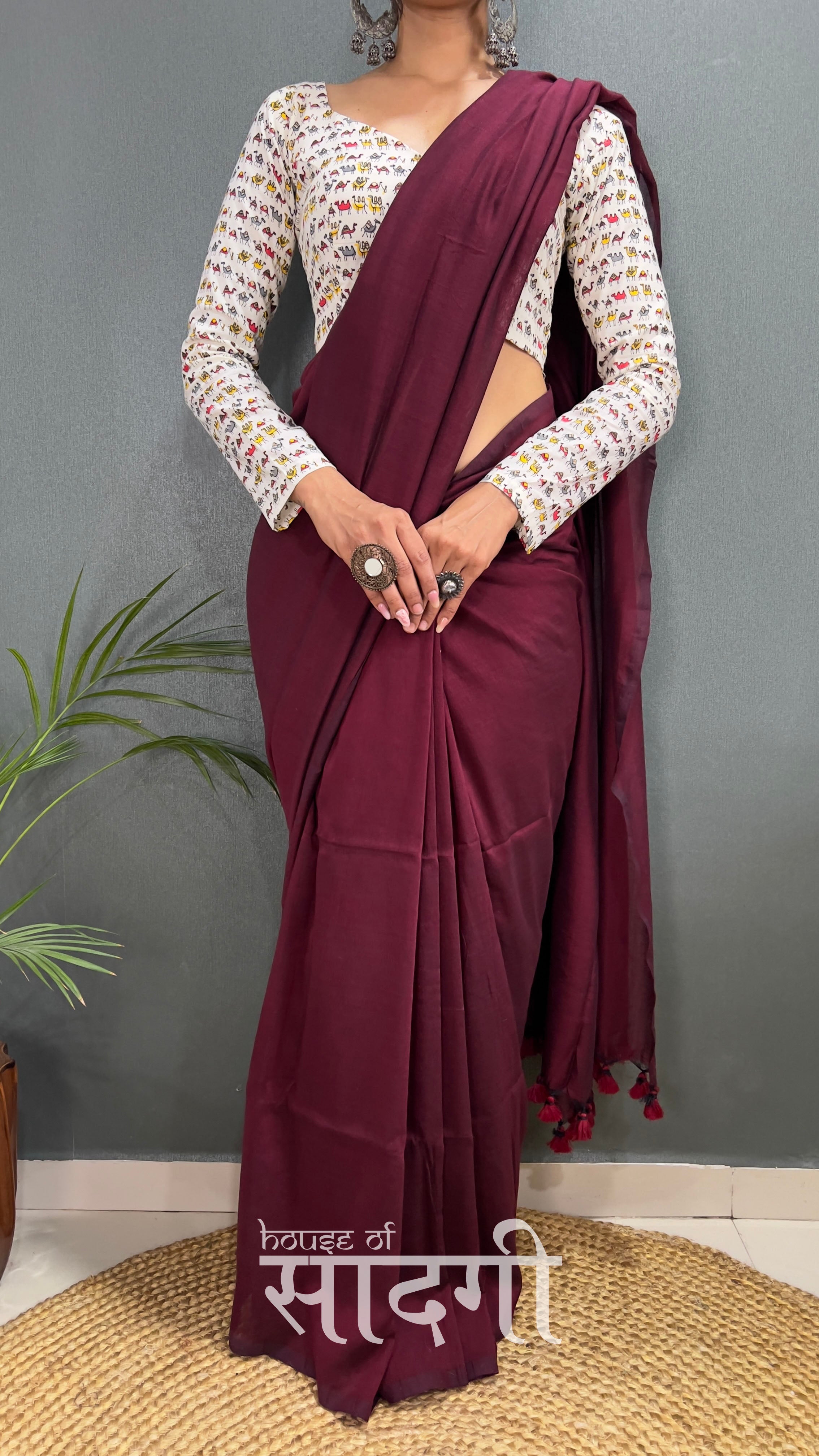 Dark Maroon Handloom Cotton Saree With Camel Printed Blouse