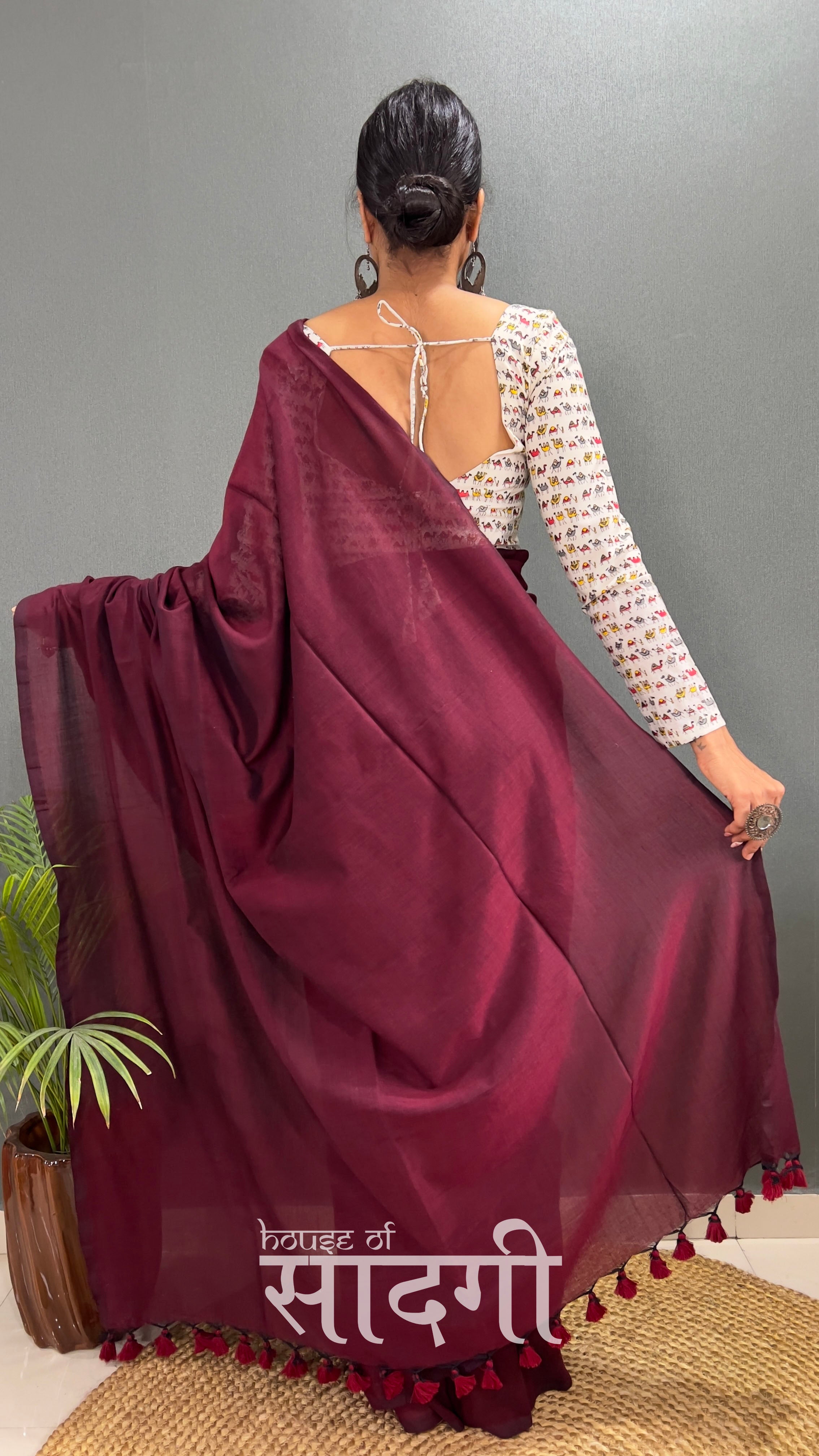 Dark Maroon Handloom Cotton Saree With Camel Printed Blouse