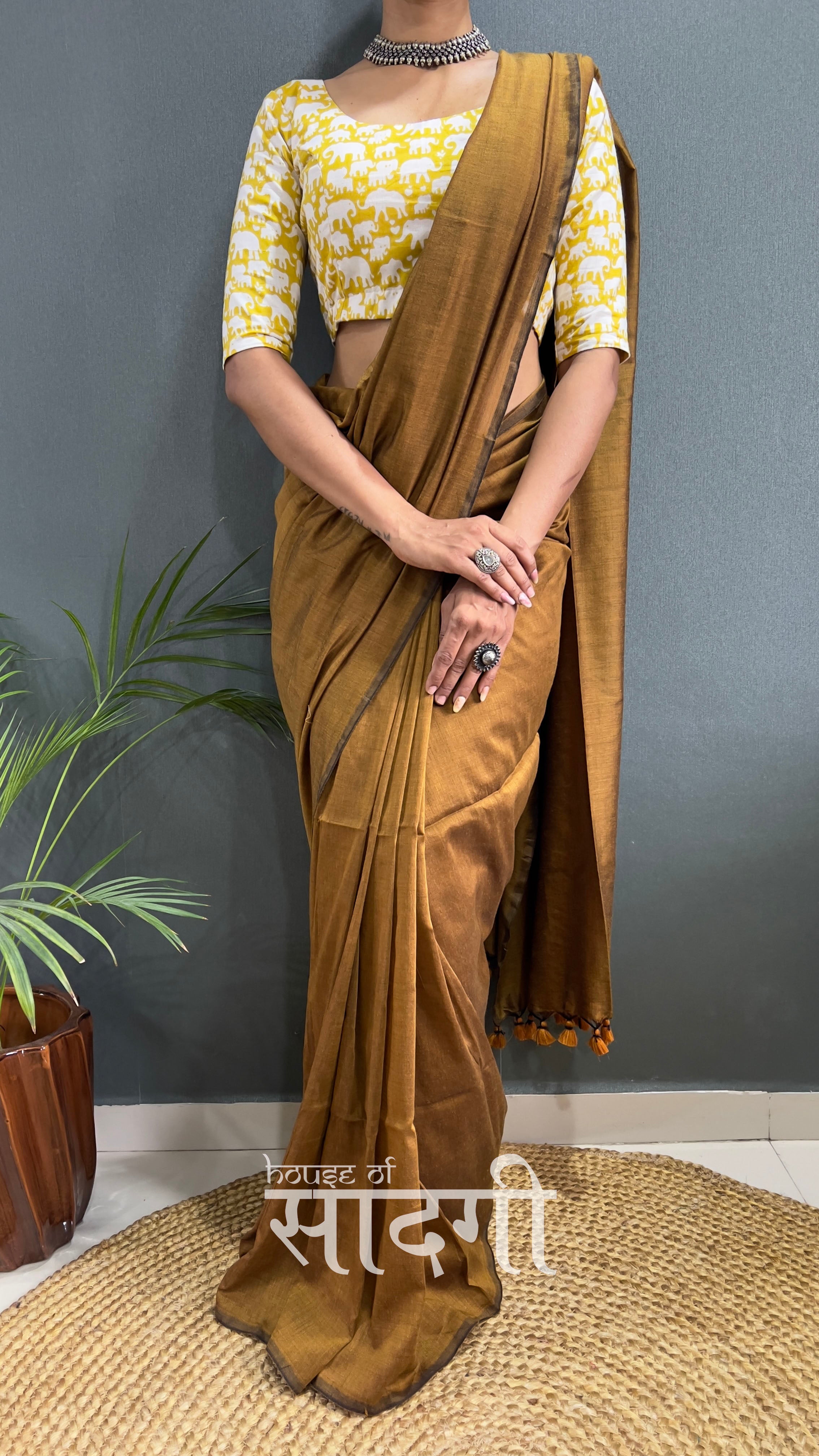 Golden Handloom Cotton Saree With Yellow Elephant  Printed Blouse