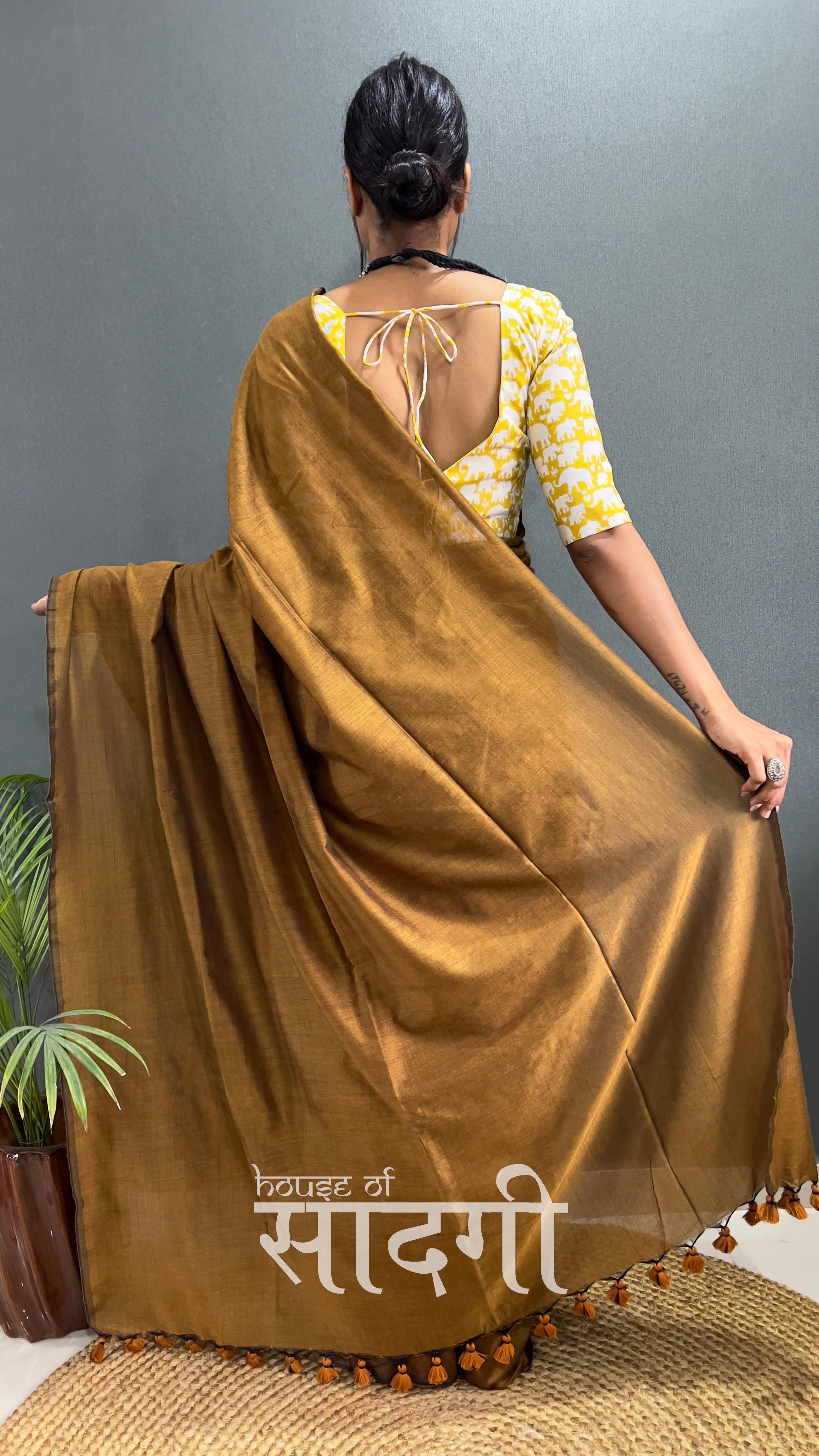 Golden Handloom Cotton Saree With Yellow Elephant  Printed Blouse