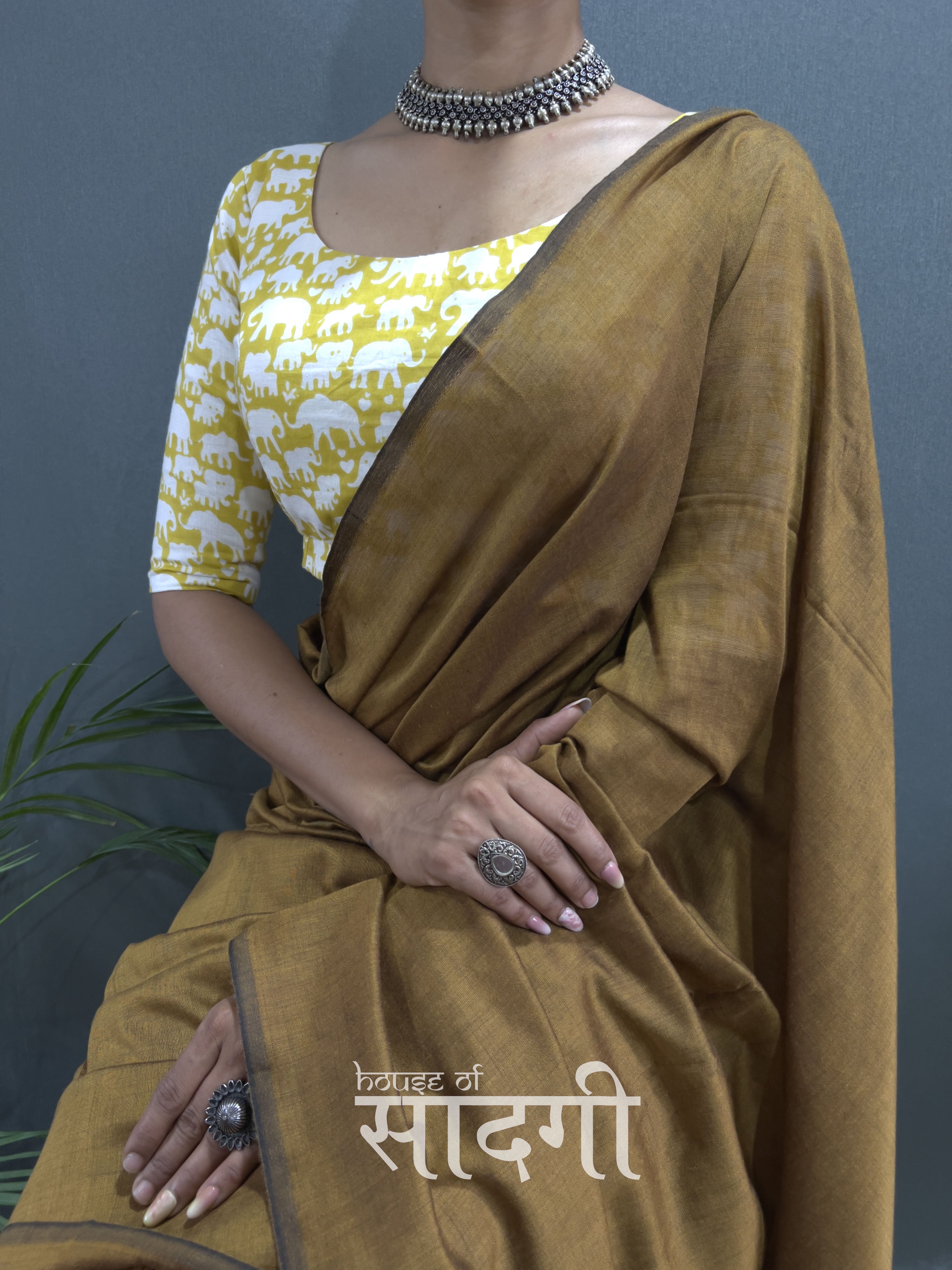 Golden Handloom Cotton Saree With Yellow Elephant  Printed Blouse