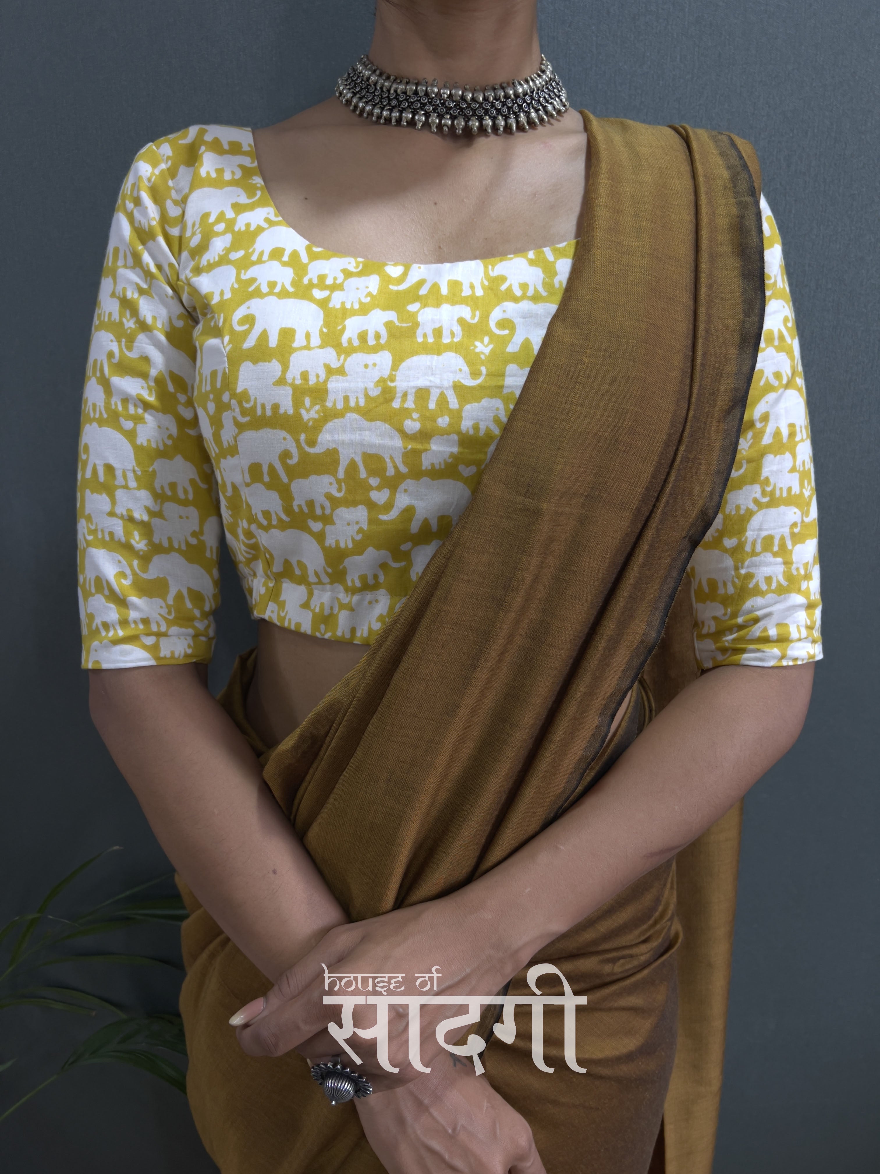 Golden Handloom Cotton Saree With Yellow Elephant  Printed Blouse