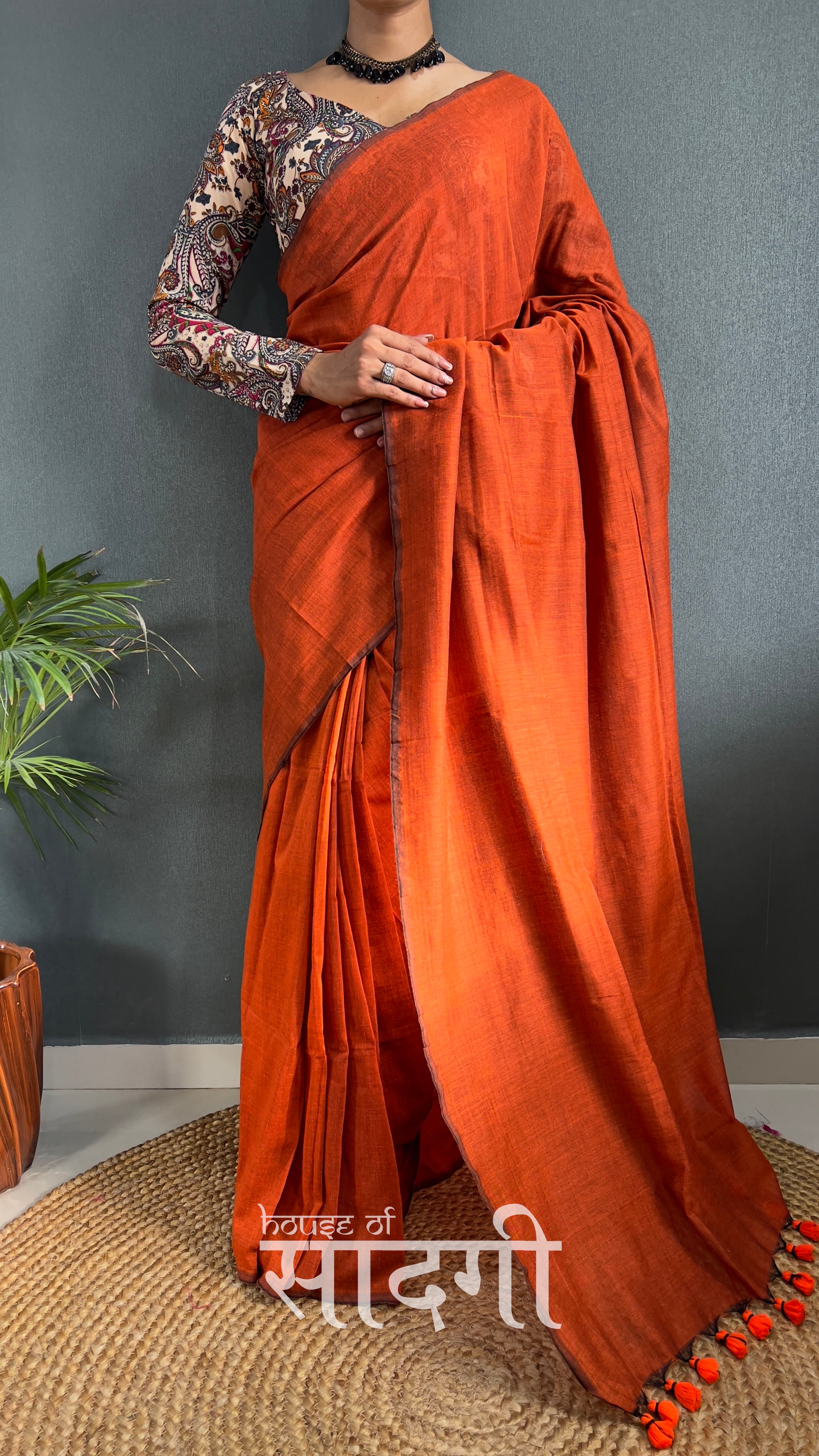 Orange Handloom Cotton Saree With Mango Printed Blouse