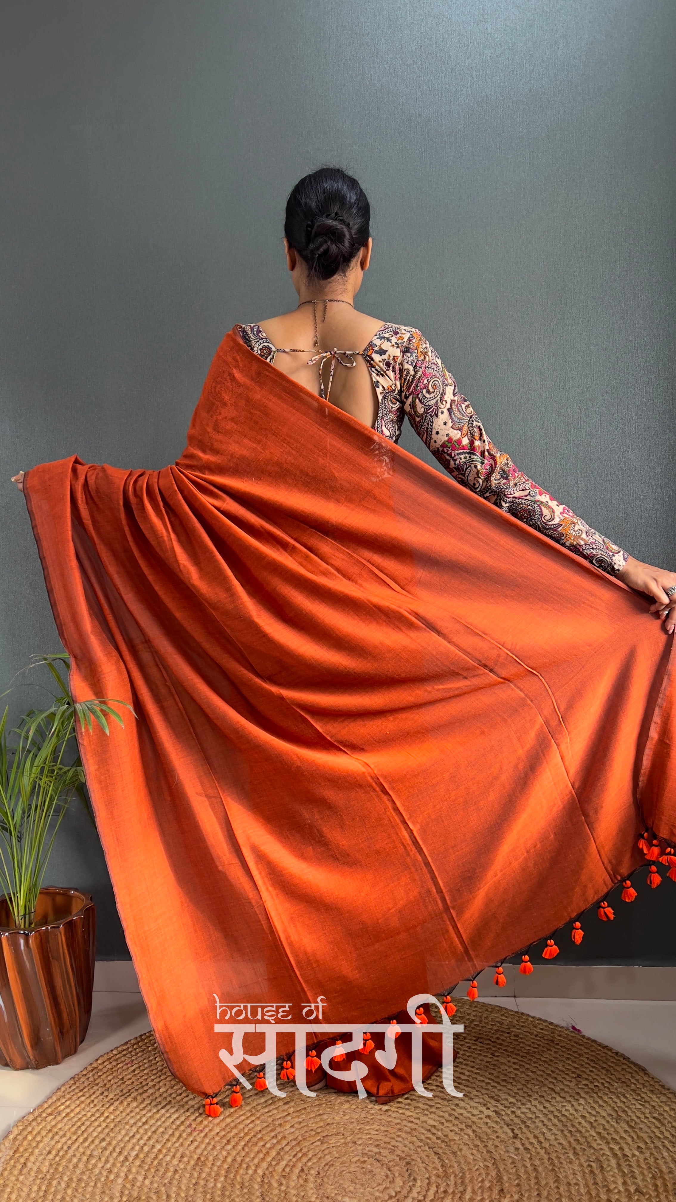 Orange Handloom Cotton Saree With Mango Printed Blouse