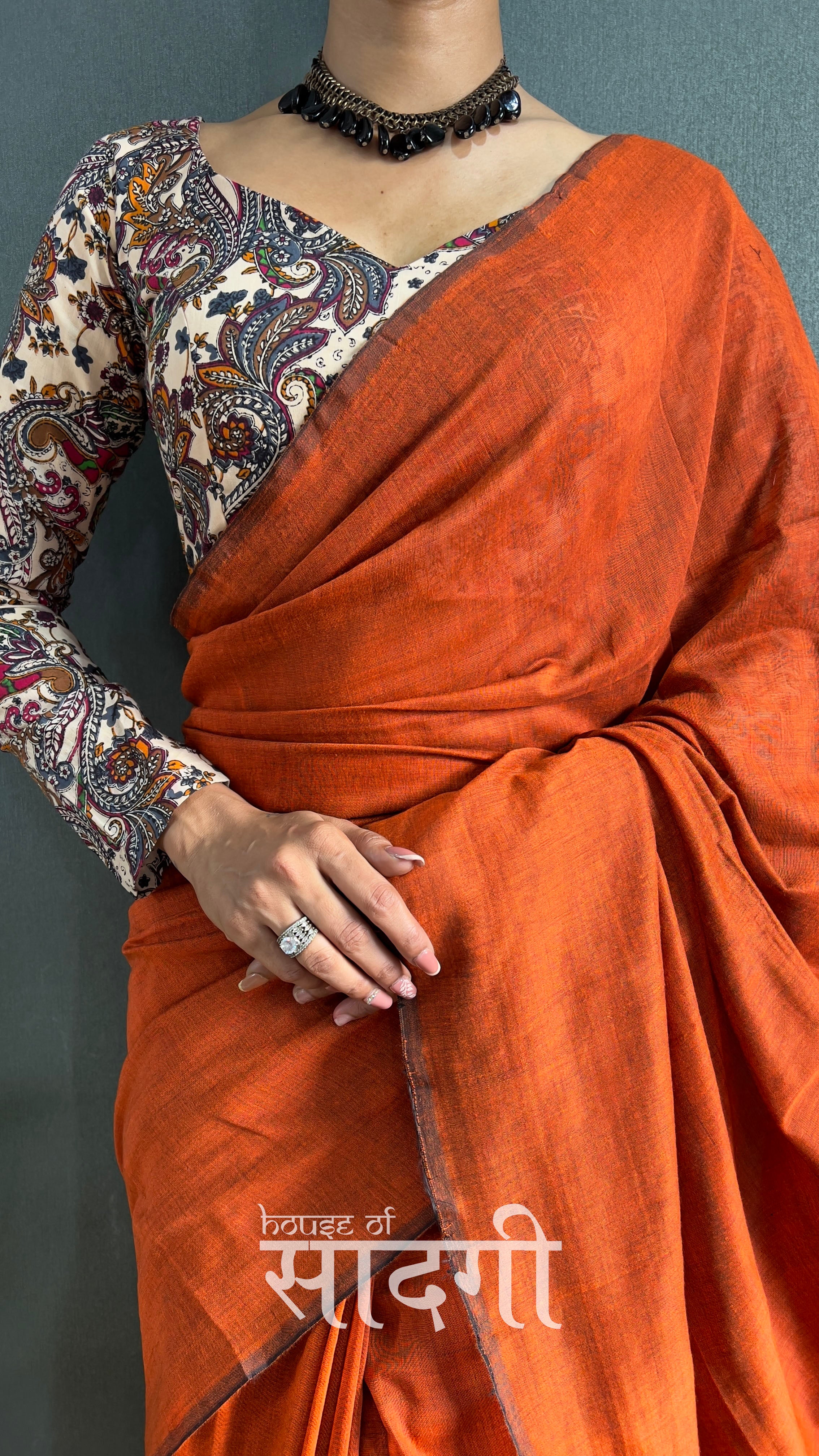 Orange Handloom Cotton Saree With Mango Printed Blouse