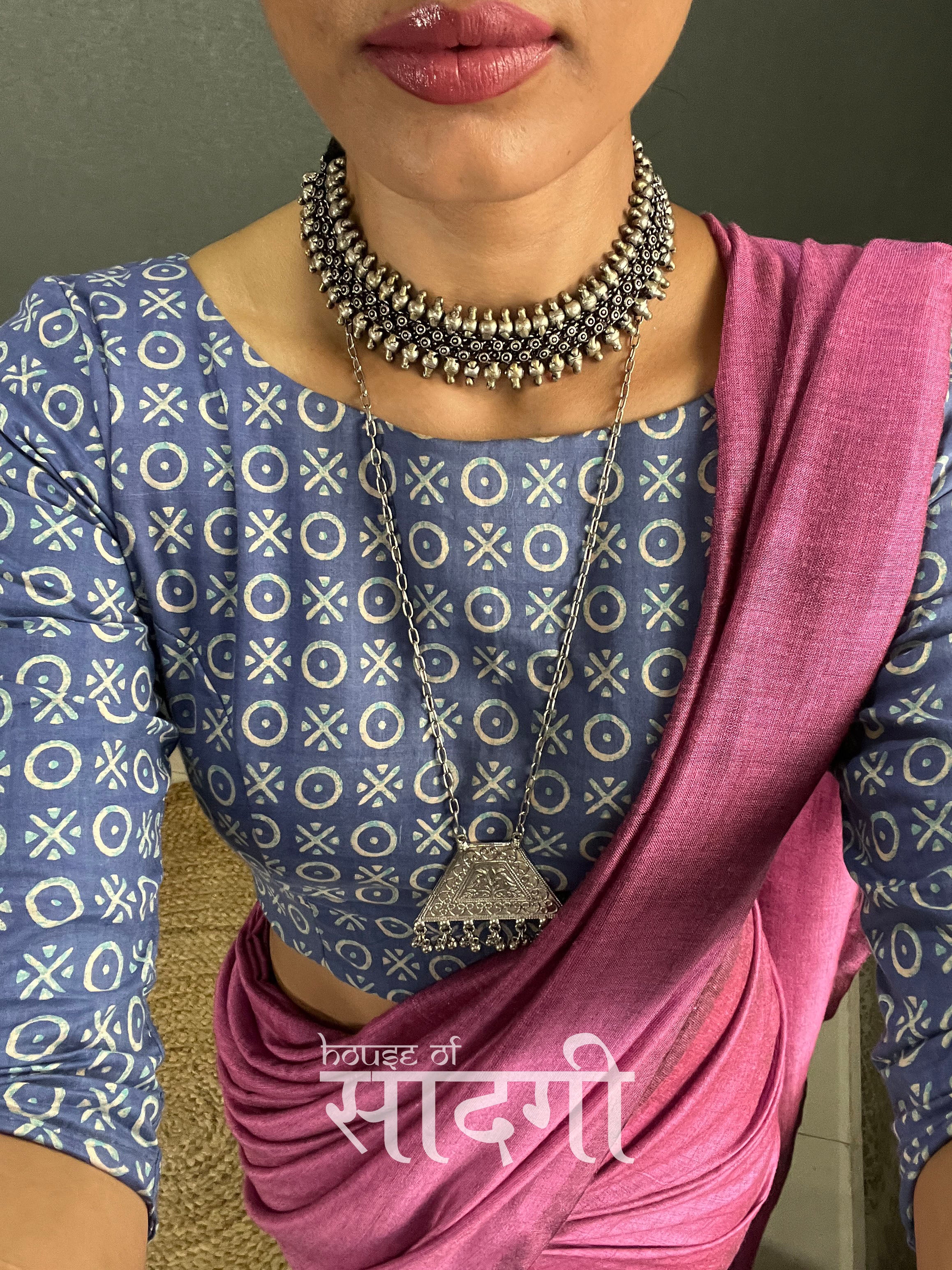 Lavender Handloom Cotton Saree With Blue Printed Blouse