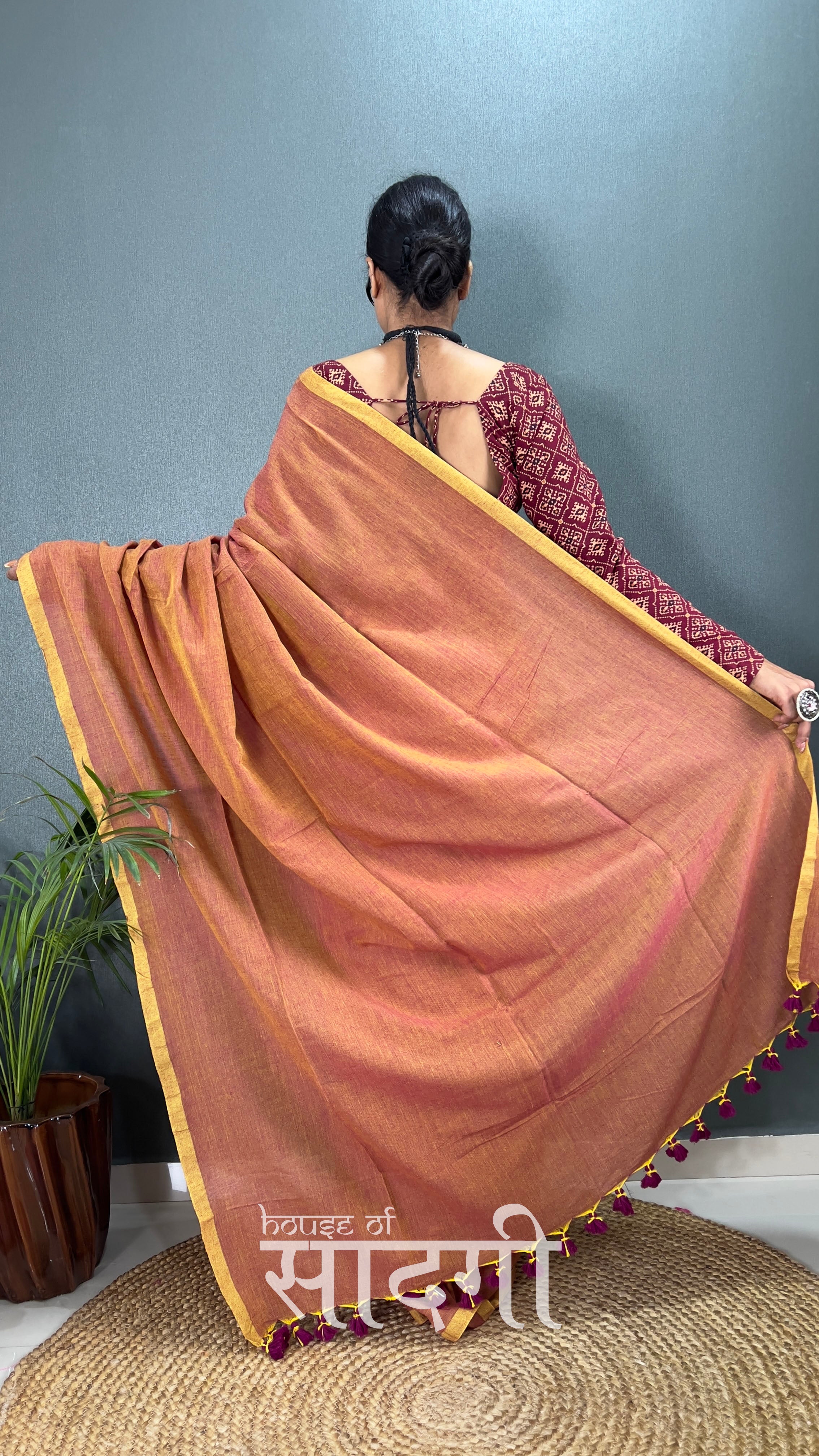 Light Brown Handloom Cotton Saree With Maroon Patola Printed Blouse