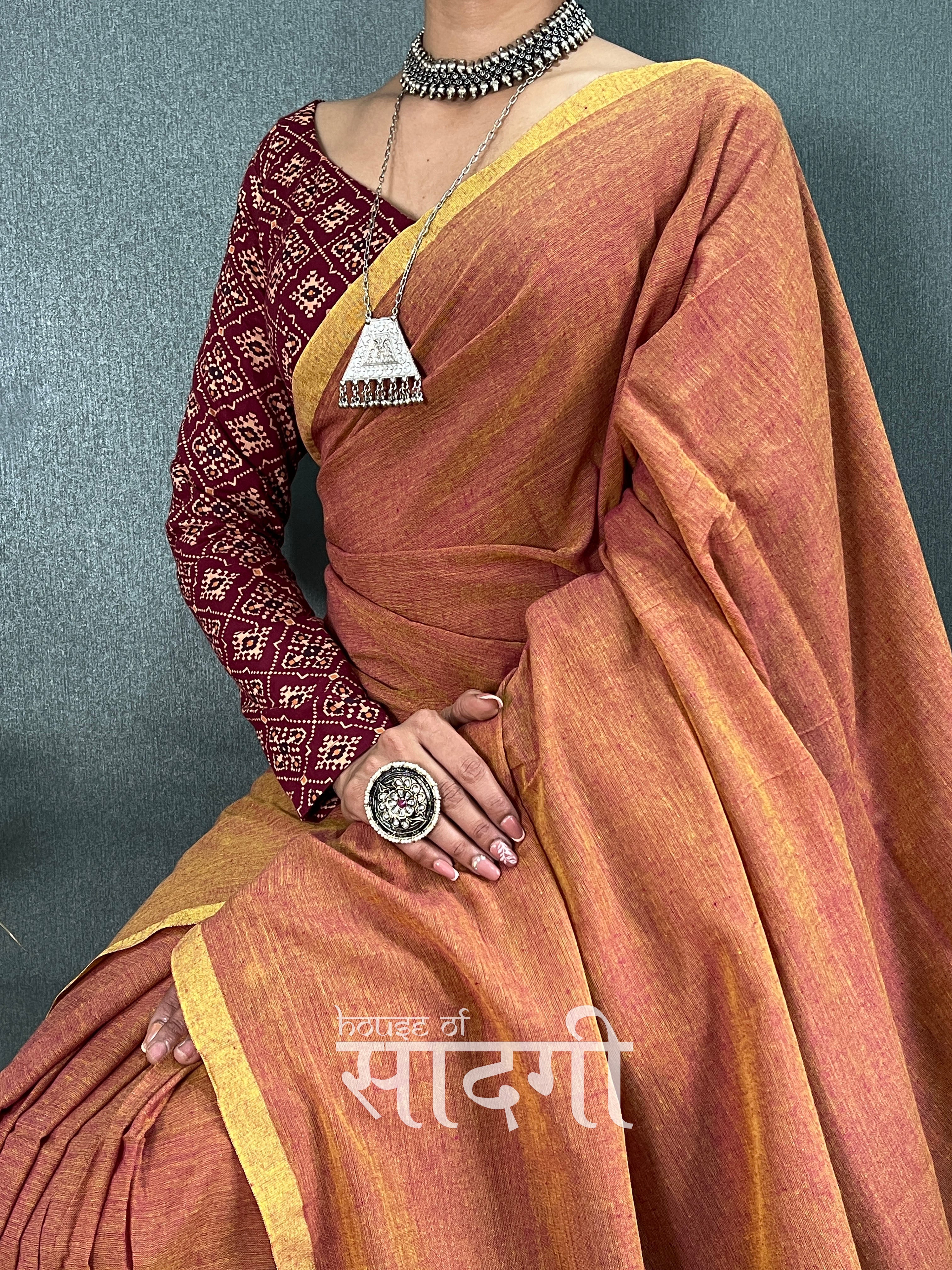 Light Brown Handloom Cotton Saree With Maroon Patola Printed Blouse