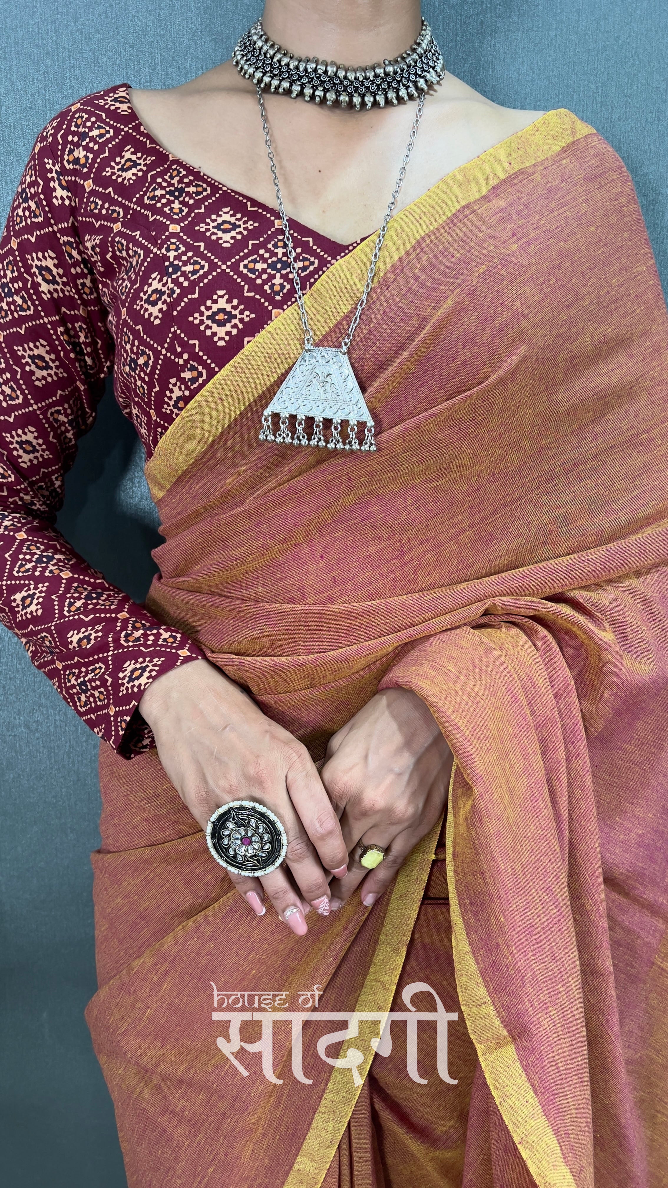 Light Brown Handloom Cotton Saree With Maroon Patola Printed Blouse