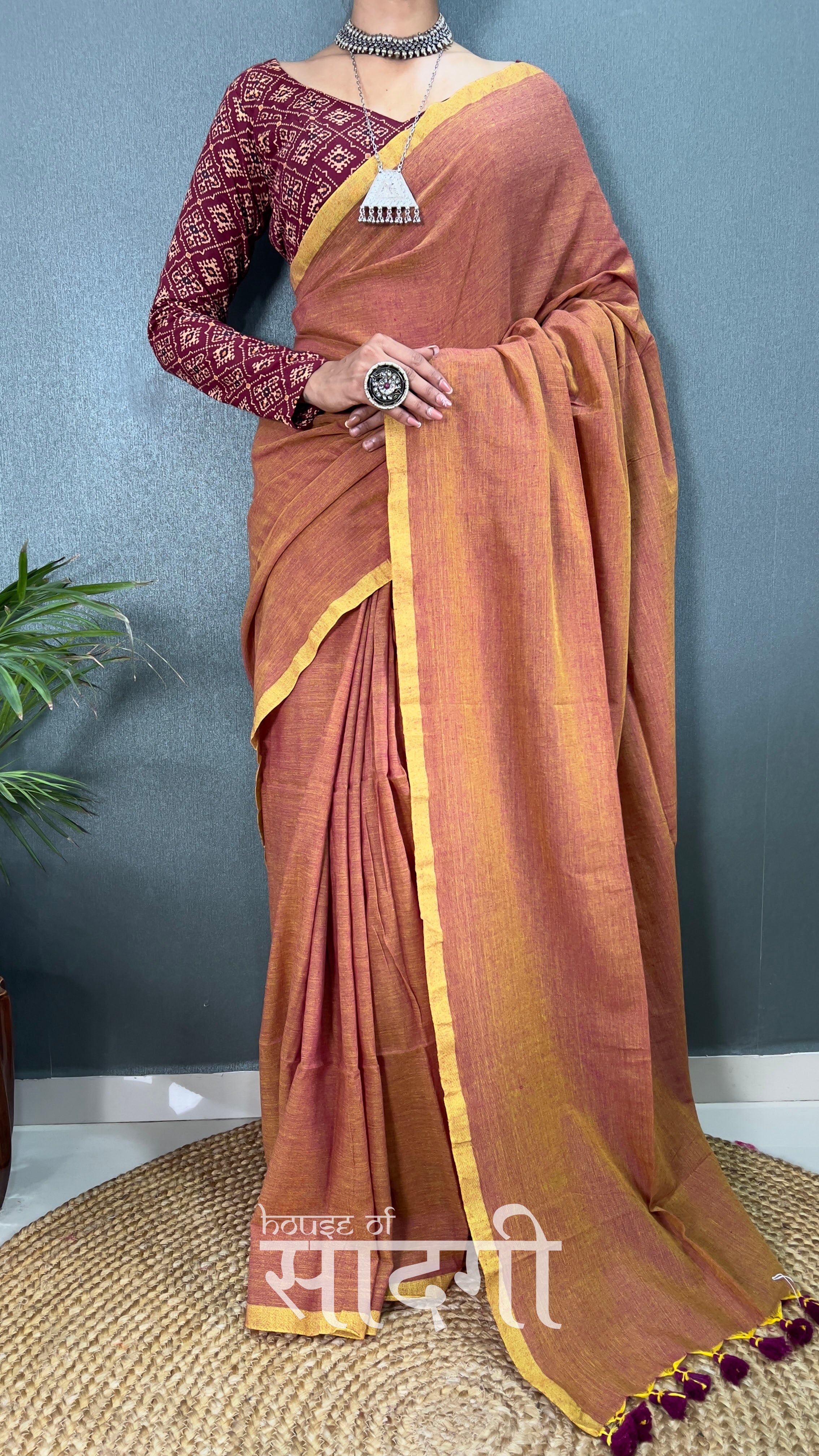 Light Brown Handloom Cotton Saree With Maroon Patola Printed Blouse