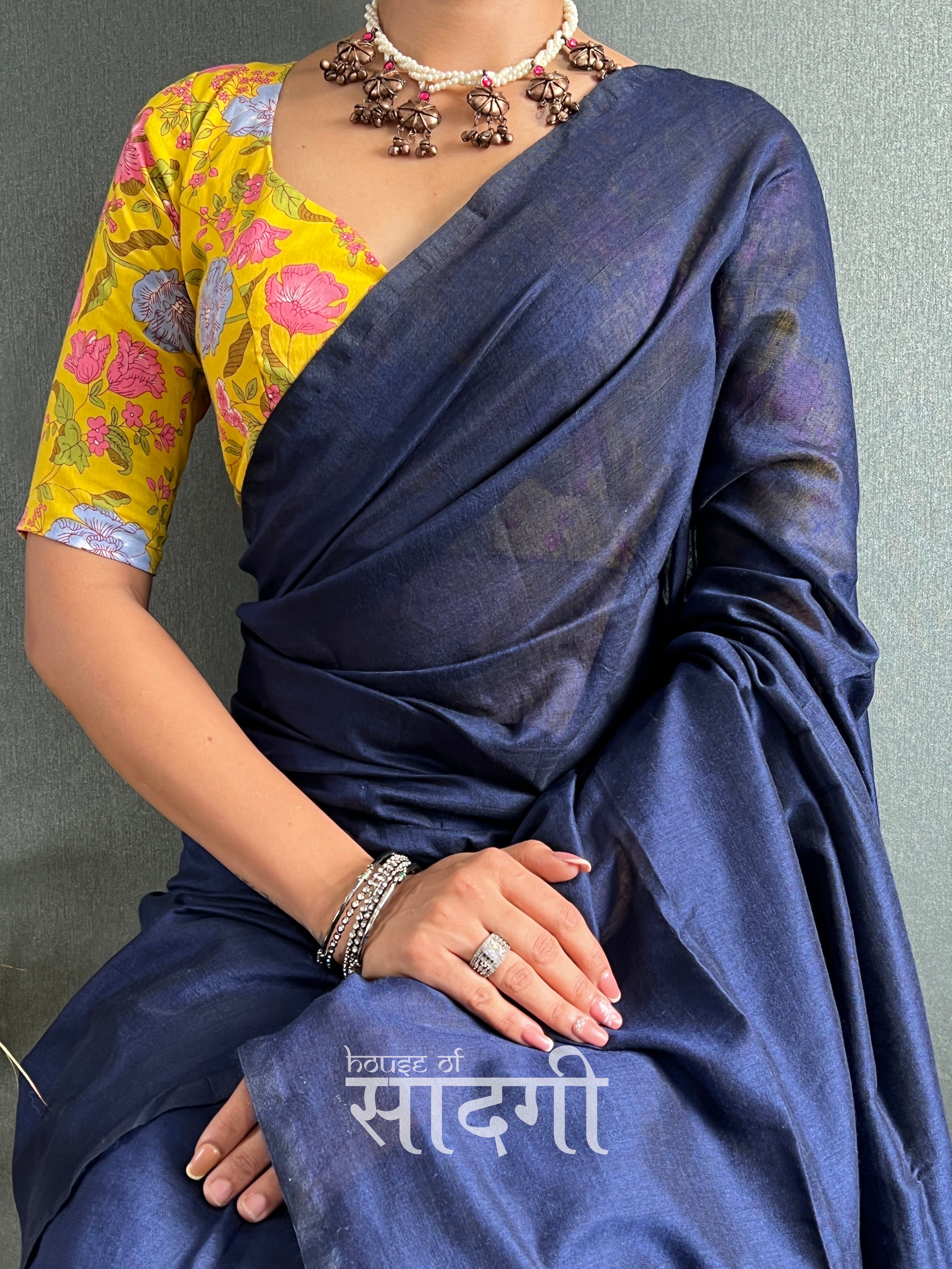 Navy Blue Handloom Cotton Saree With Flower Printed Blouse