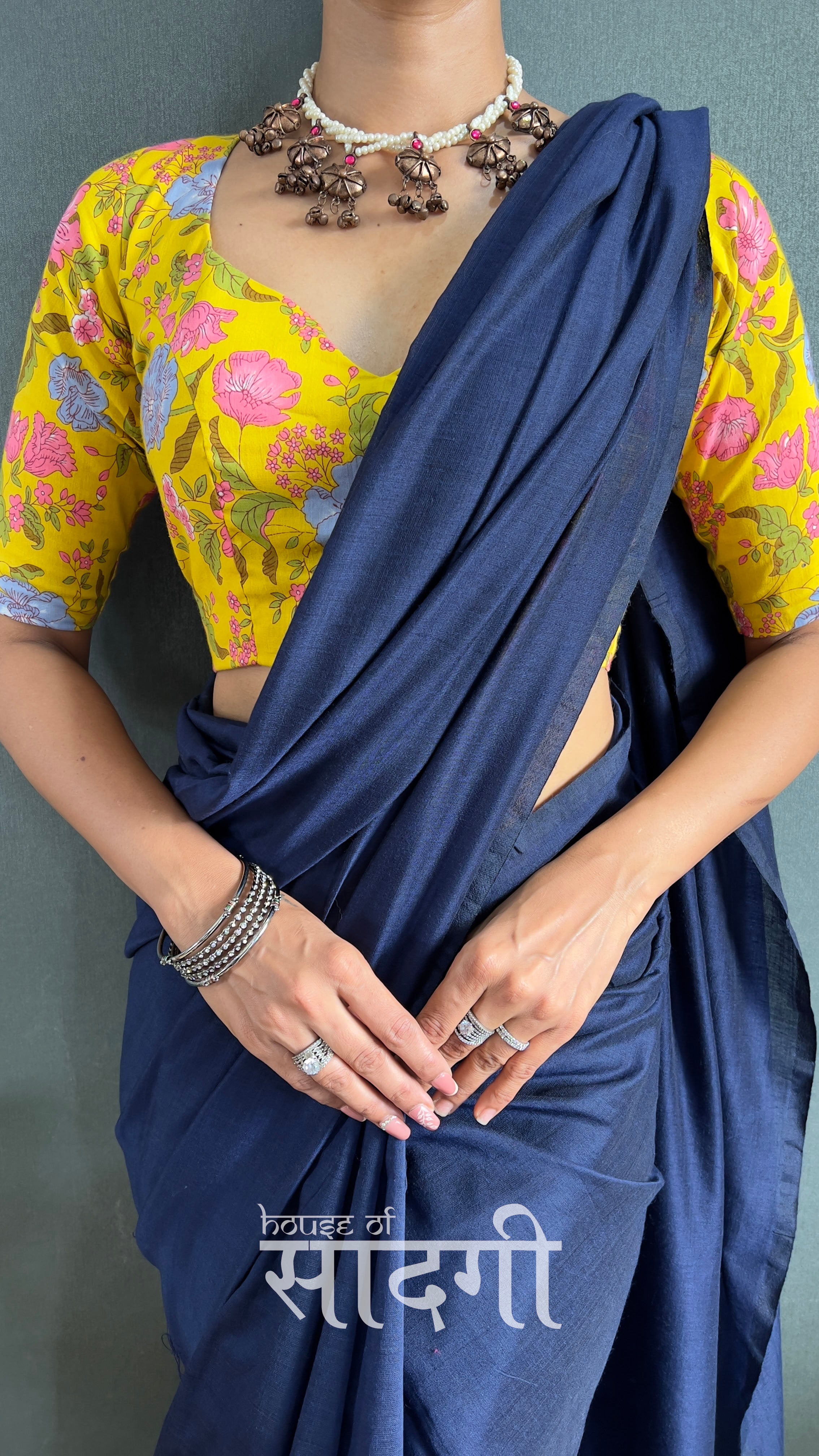 Navy Blue Handloom Cotton Saree With Flower Printed Blouse