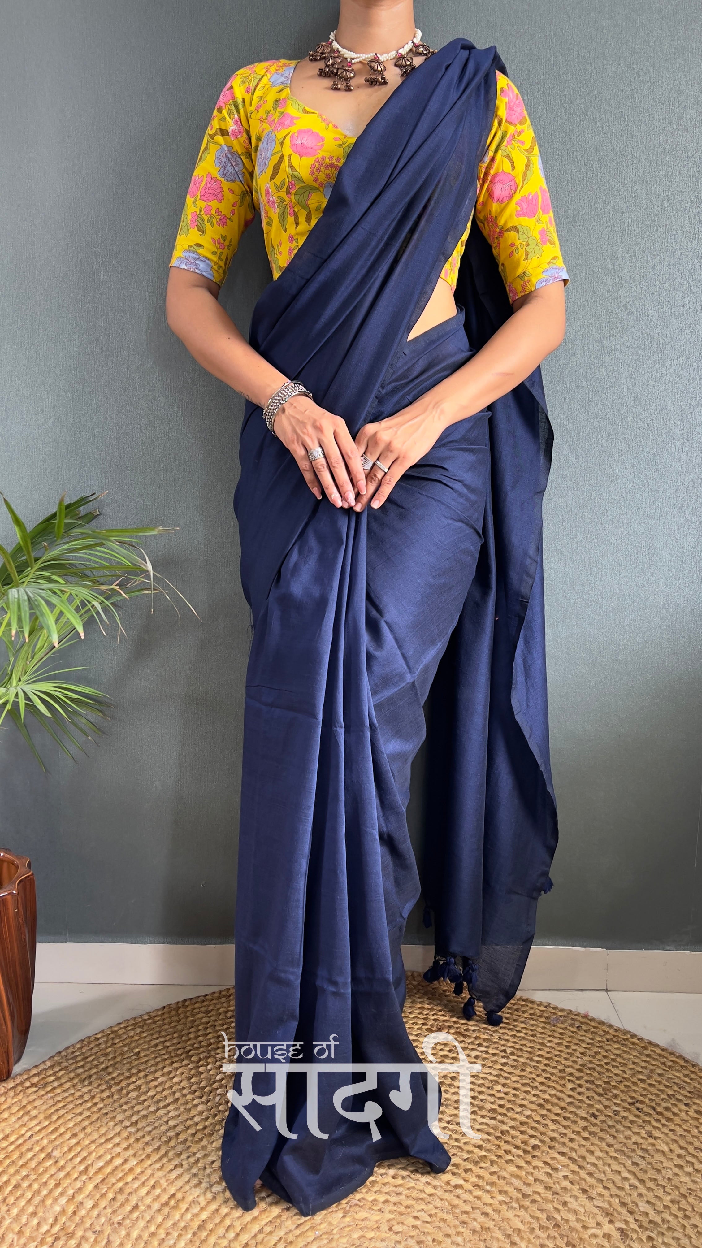 Navy Blue Handloom Cotton Saree With Flower Printed Blouse