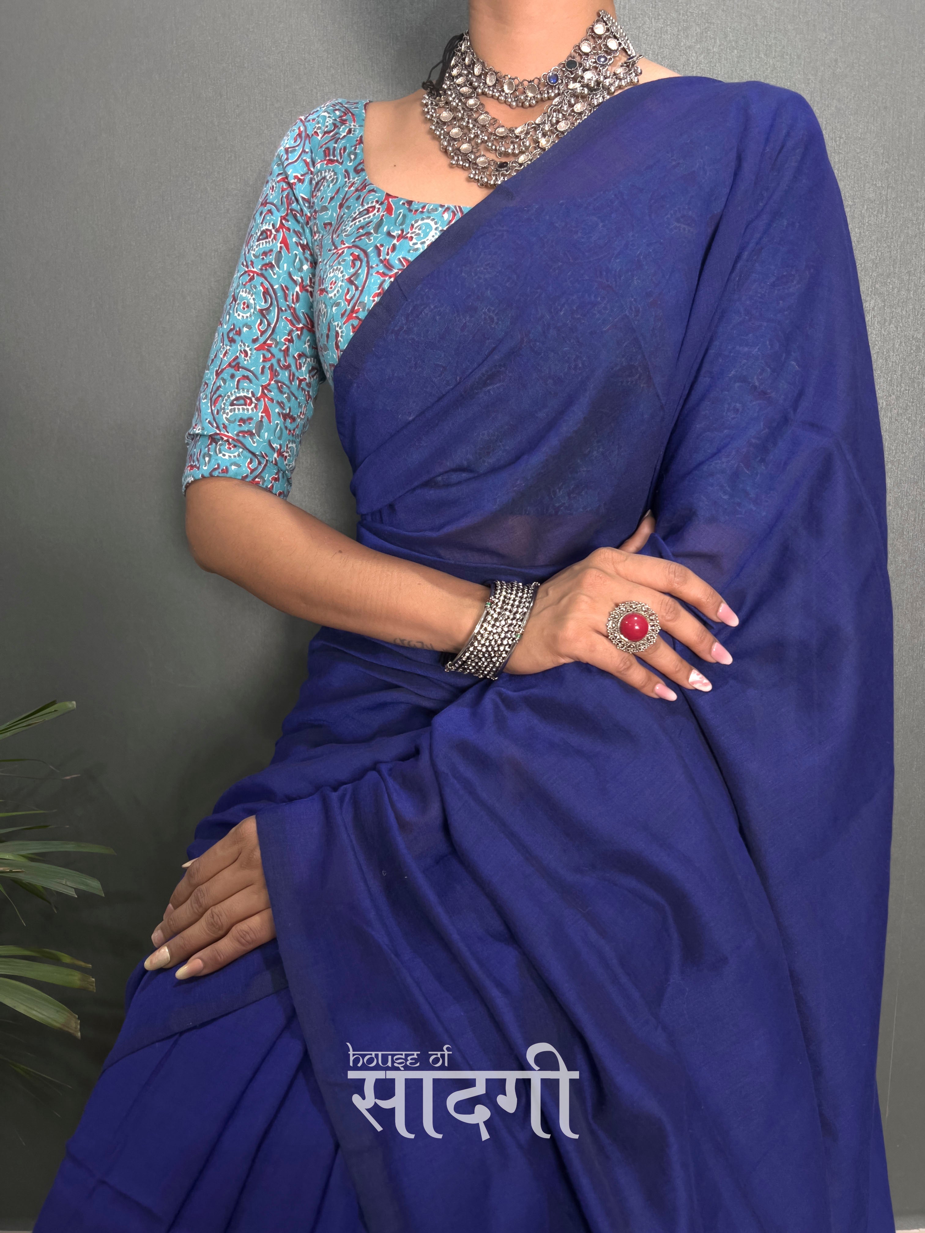 Royal Blue Handloom Cotton Saree With Sky Printed Blouse