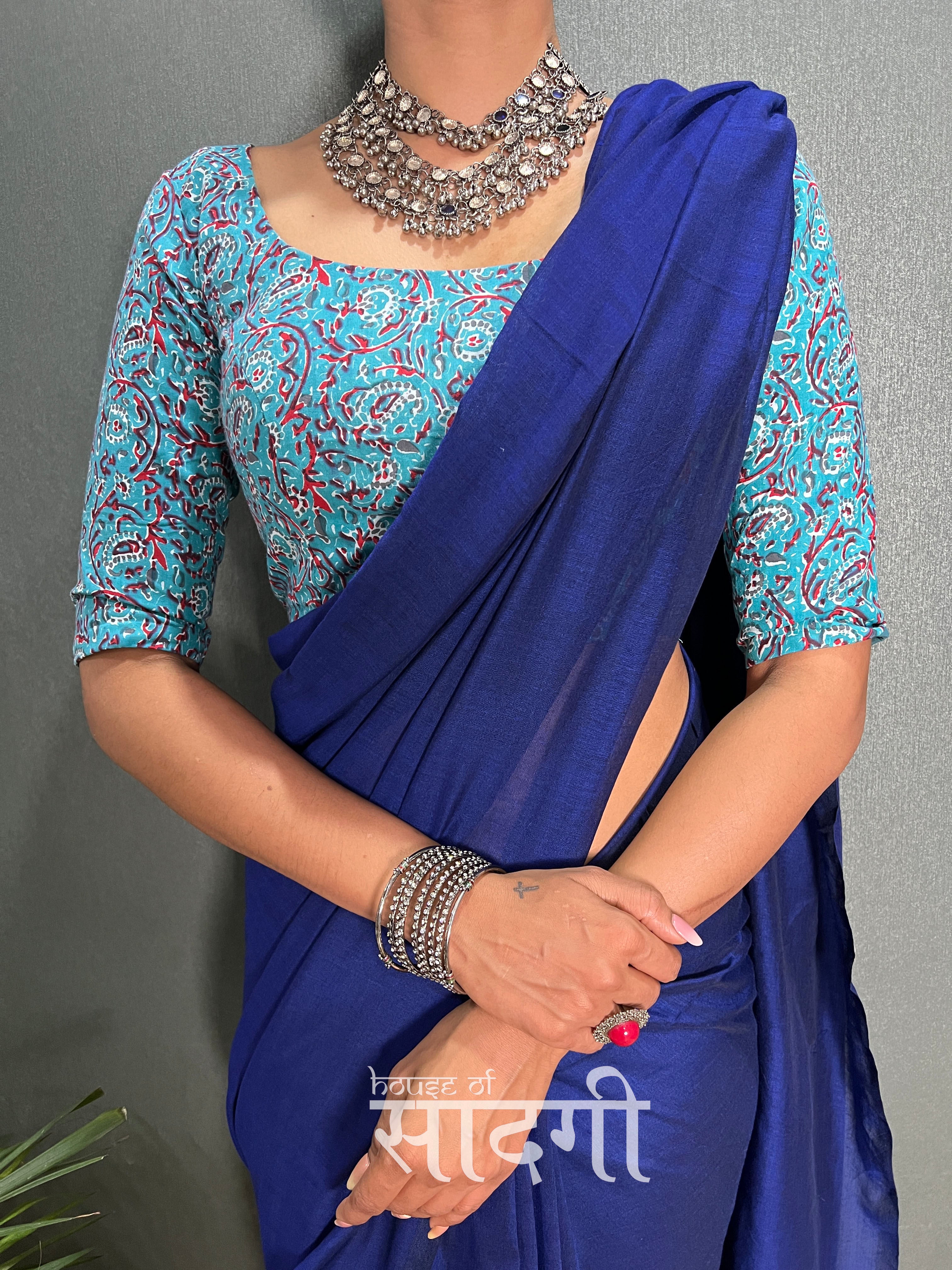 Royal Blue Handloom Cotton Saree With Sky Printed Blouse