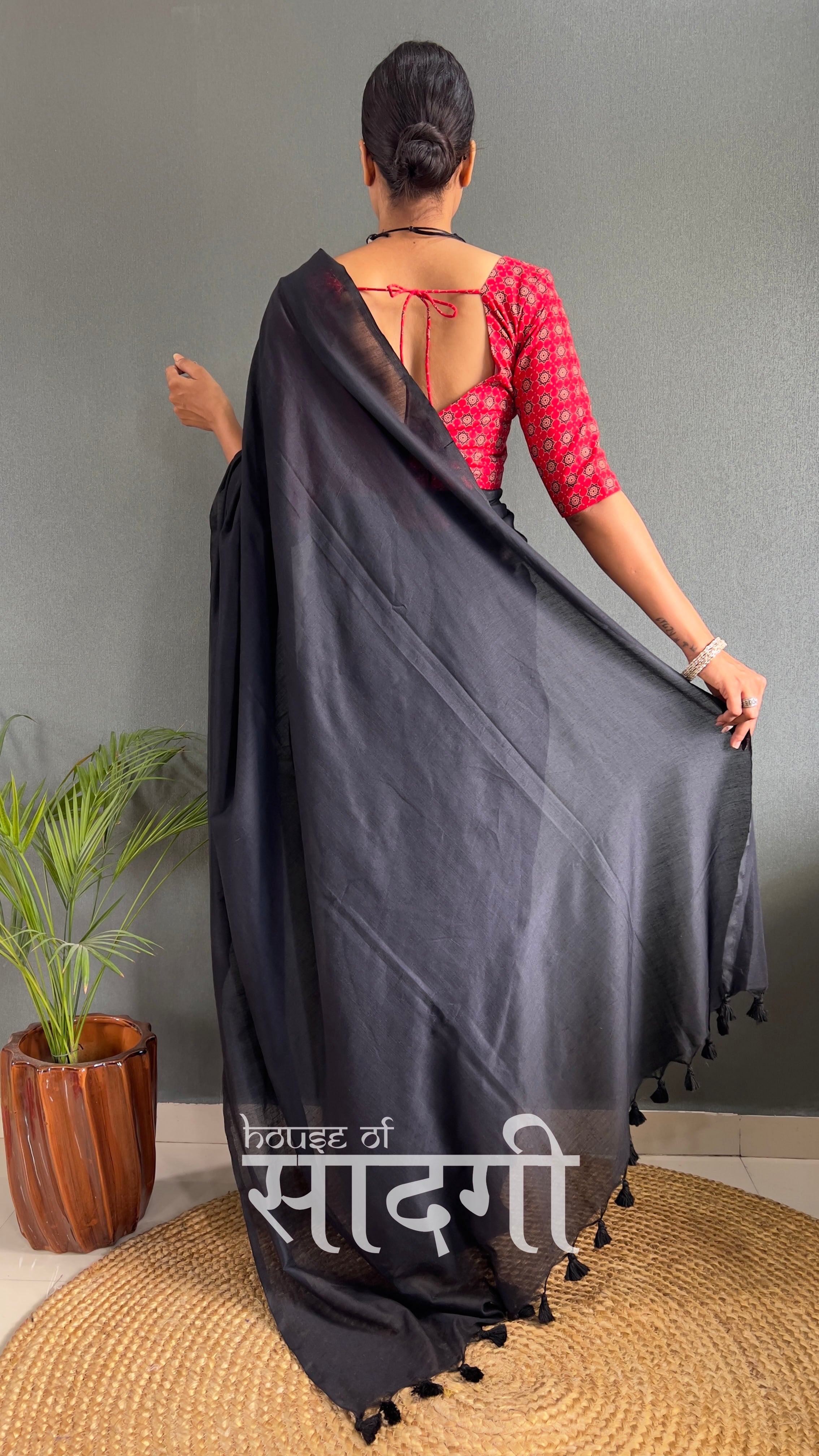 Black Handloom Cotton Saree With Red Printed Blouse