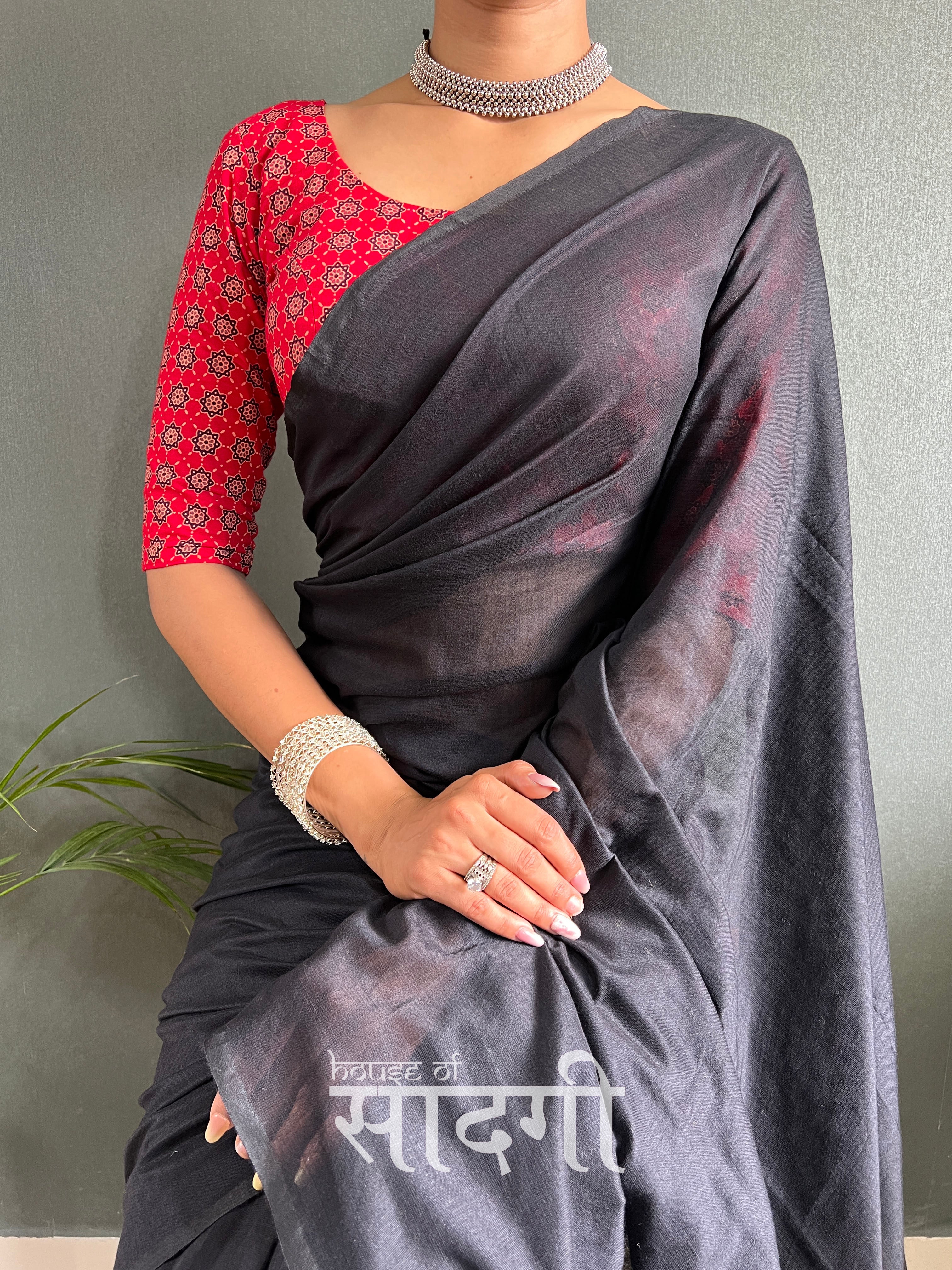 Black Handloom Cotton Saree With Red Printed Blouse