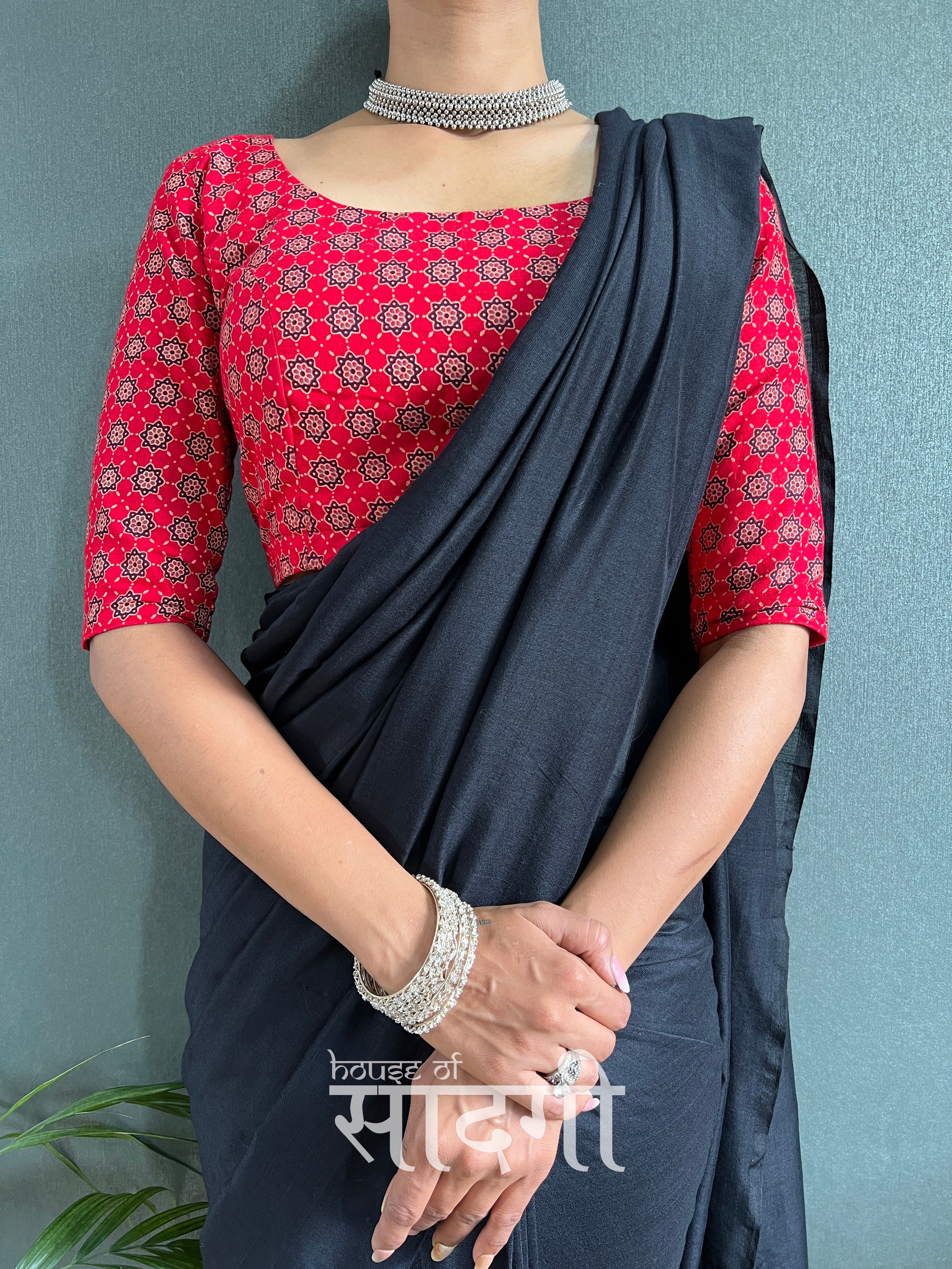 Black Handloom Cotton Saree With Red Printed Blouse