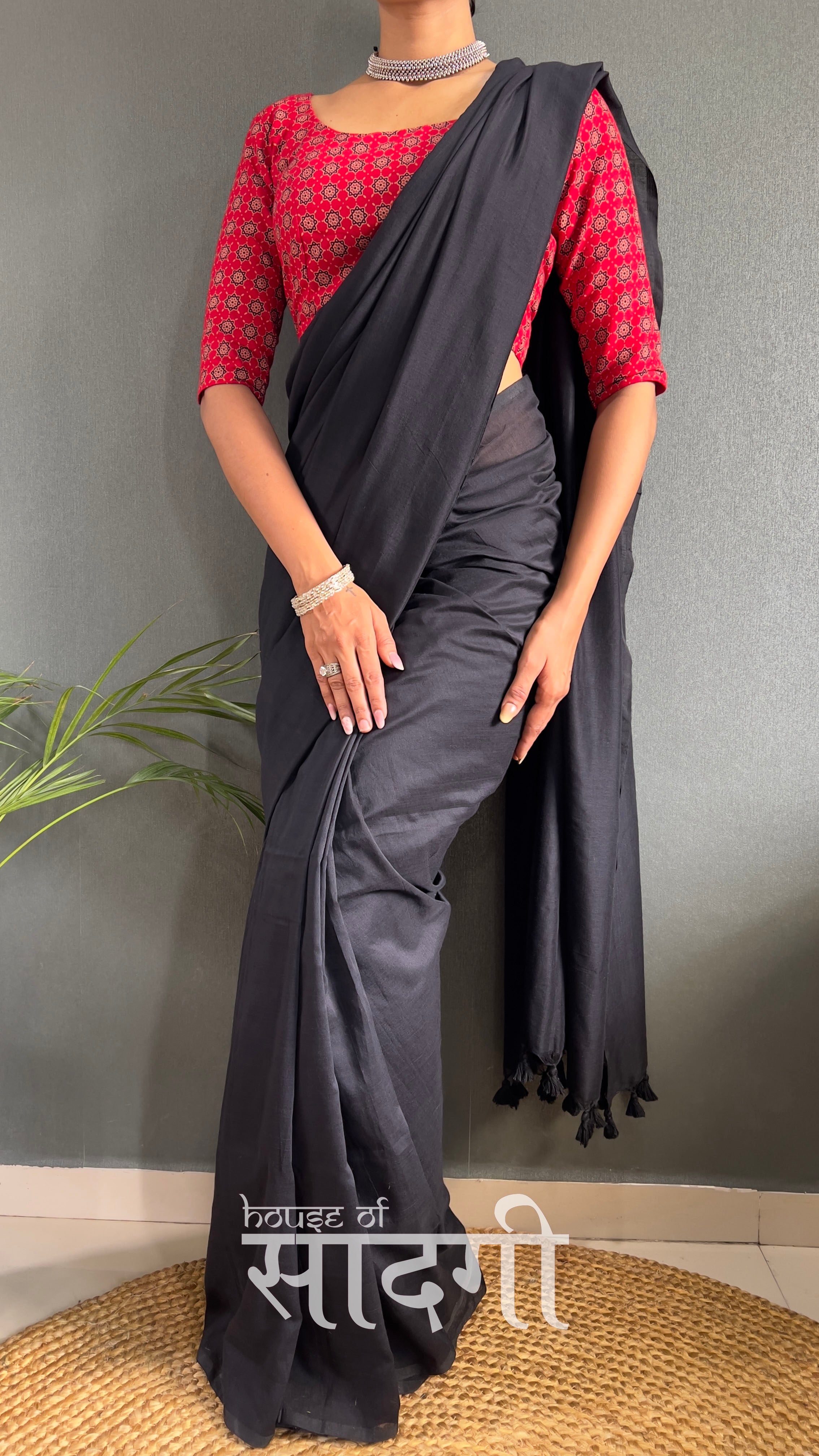 Black Handloom Cotton Saree With Red Printed Blouse