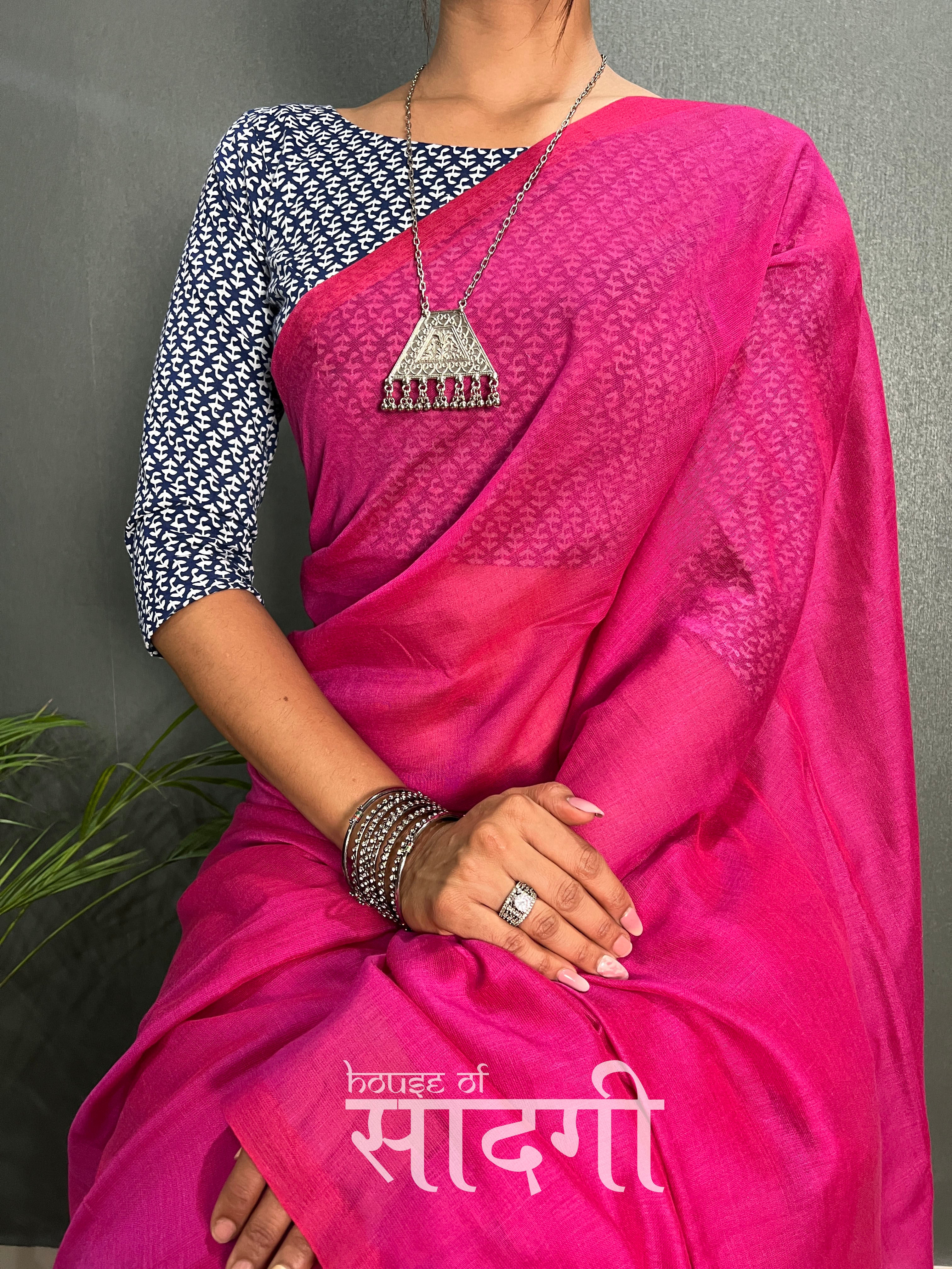 Pink Handloom Cotton Saree With Blue Printed Blouse