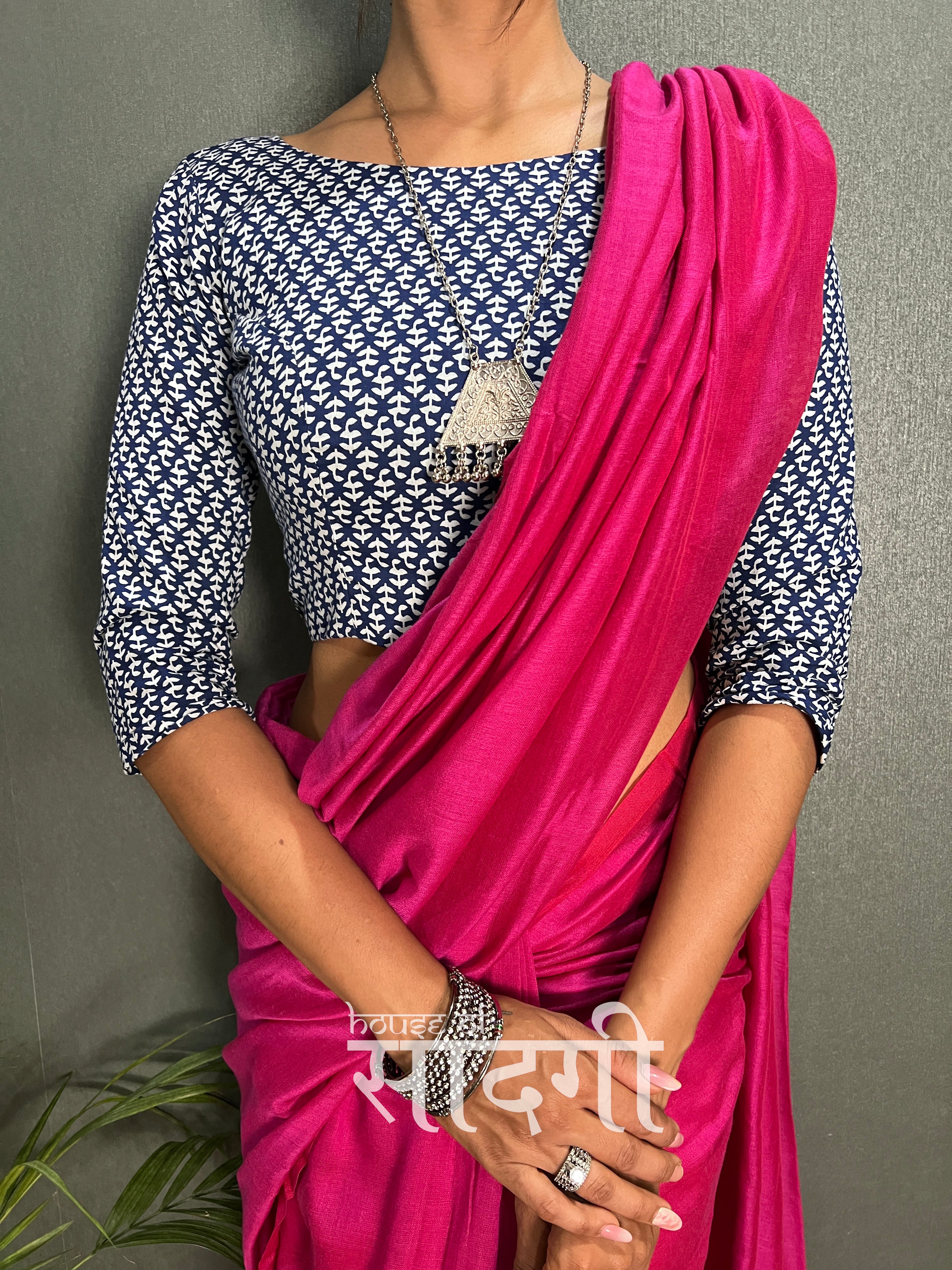 Pink Handloom Cotton Saree With Blue Printed Blouse