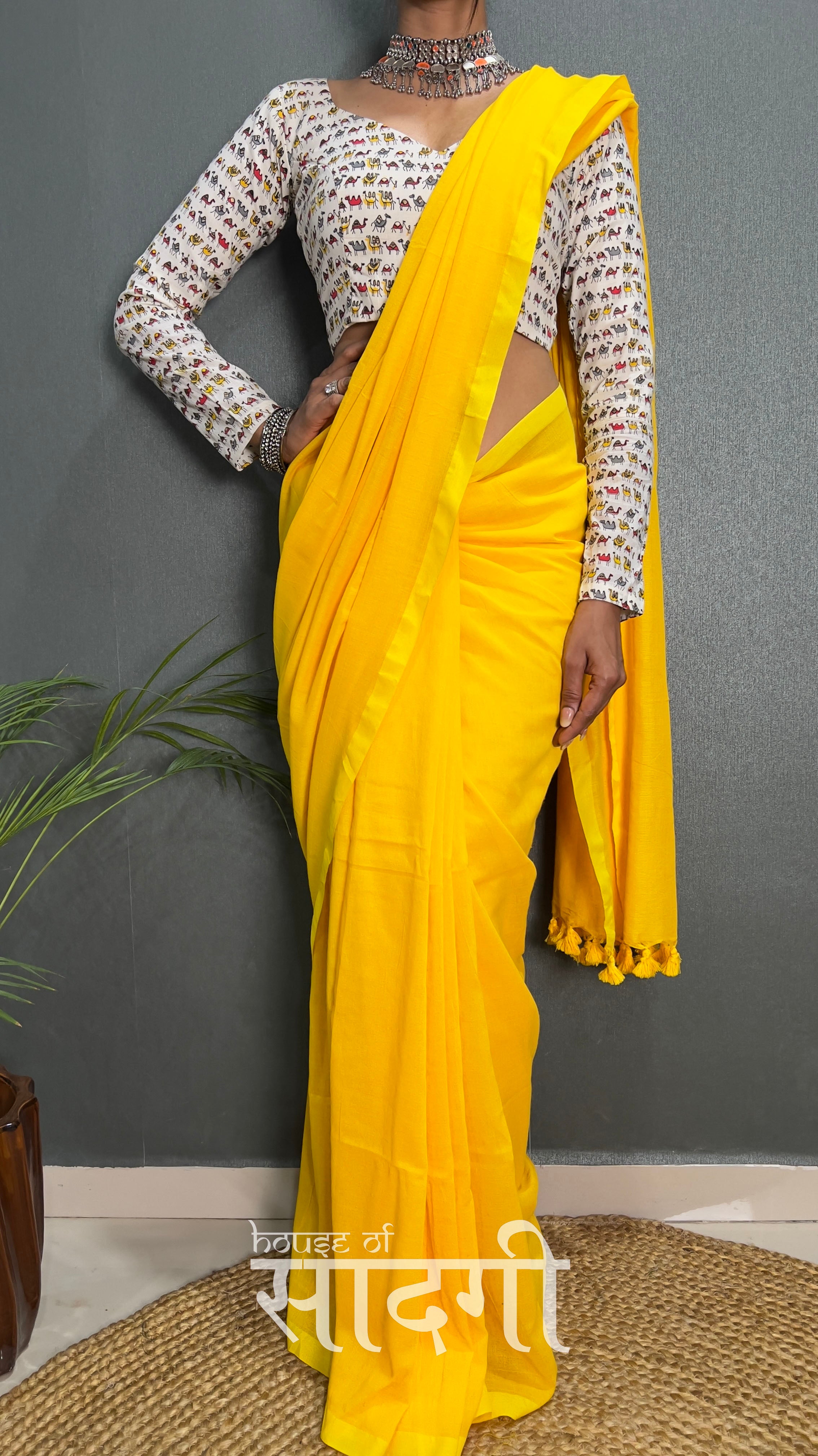 Yellow Handloom Cotton Saree With Animal Printed Blouse