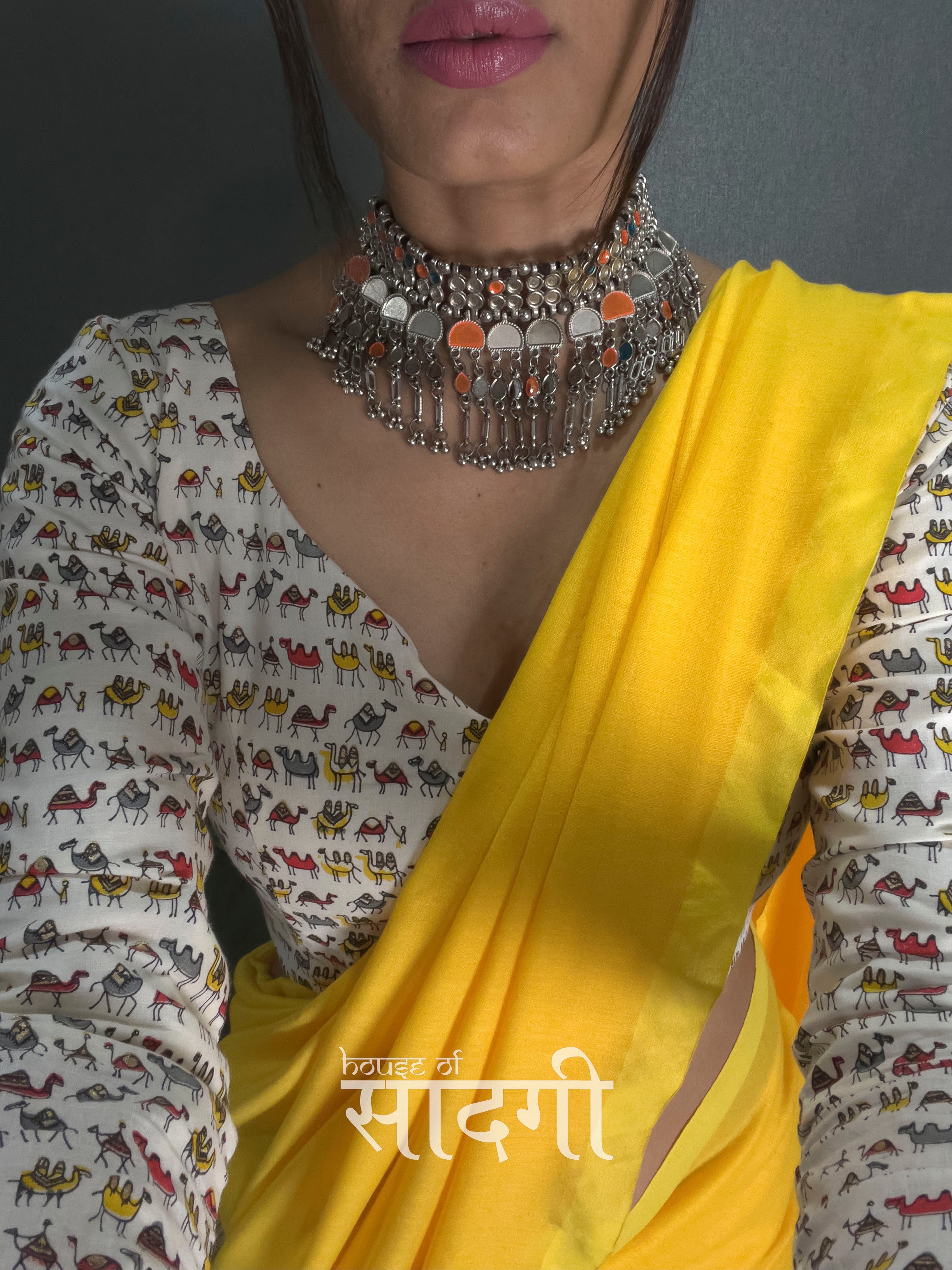 Yellow Handloom Cotton Saree With Animal Printed Blouse