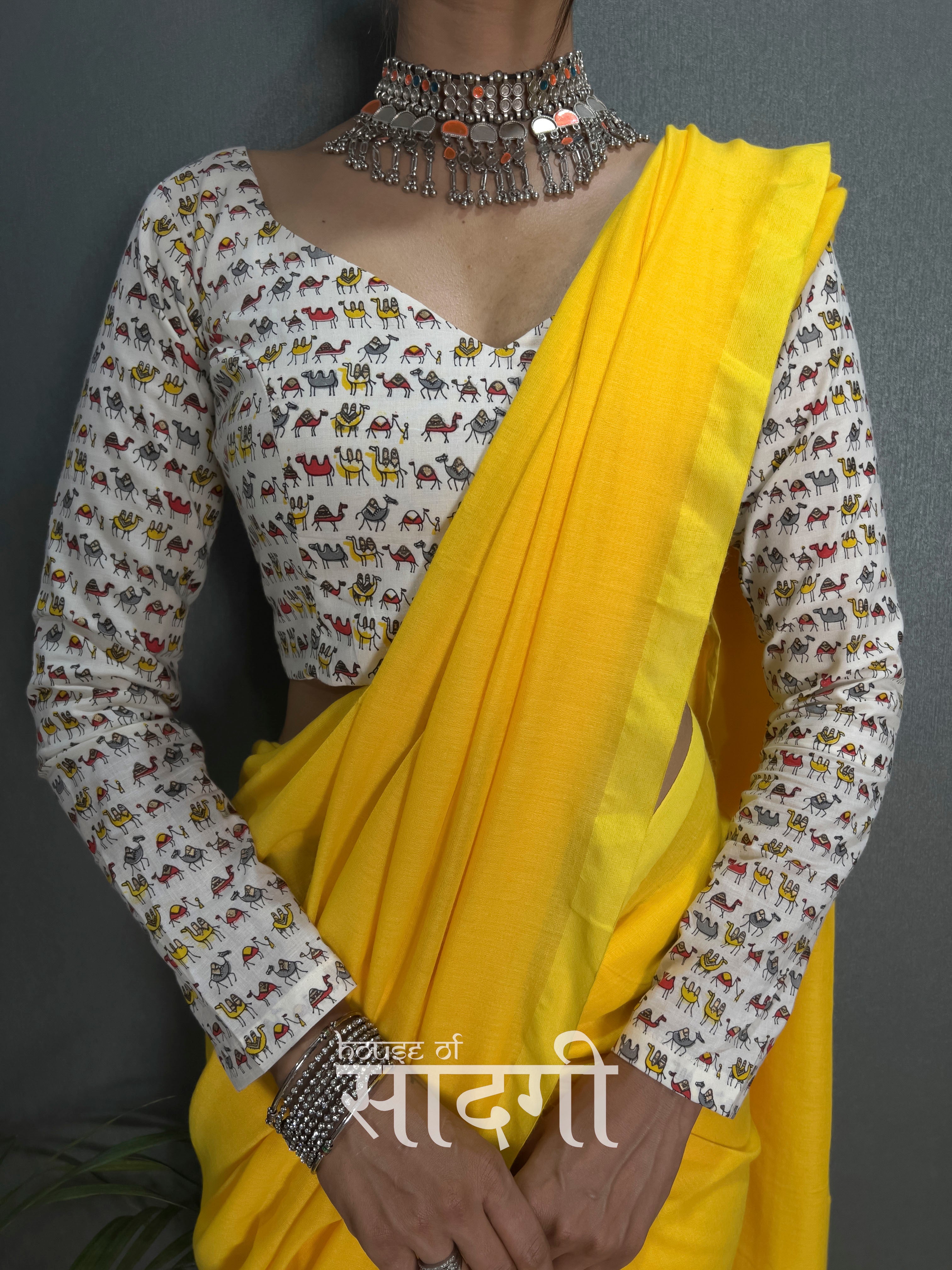 Yellow Handloom Cotton Saree With Animal Printed Blouse