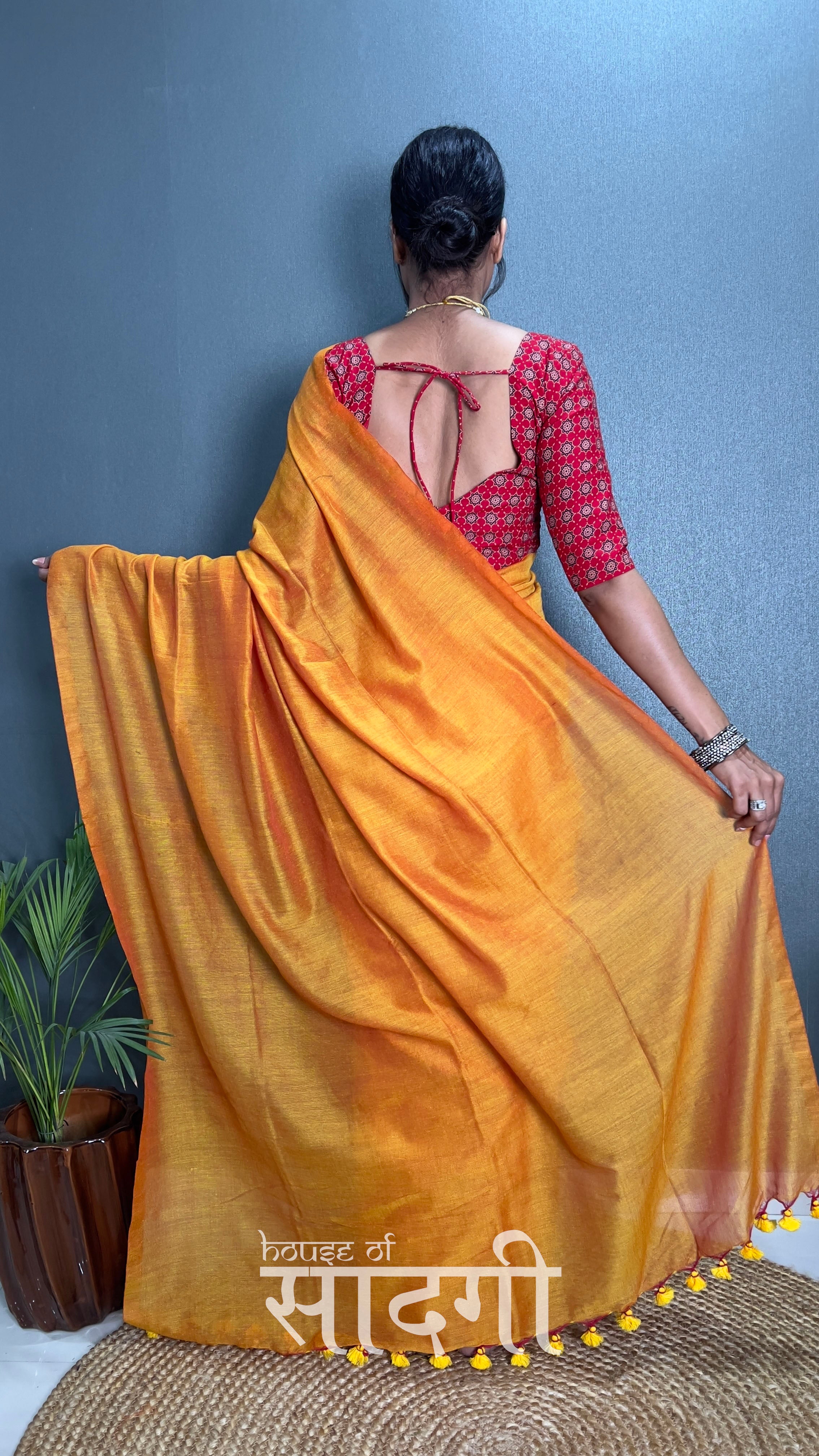 Mustard Handloom Cotton Saree With Red Printed Blouse