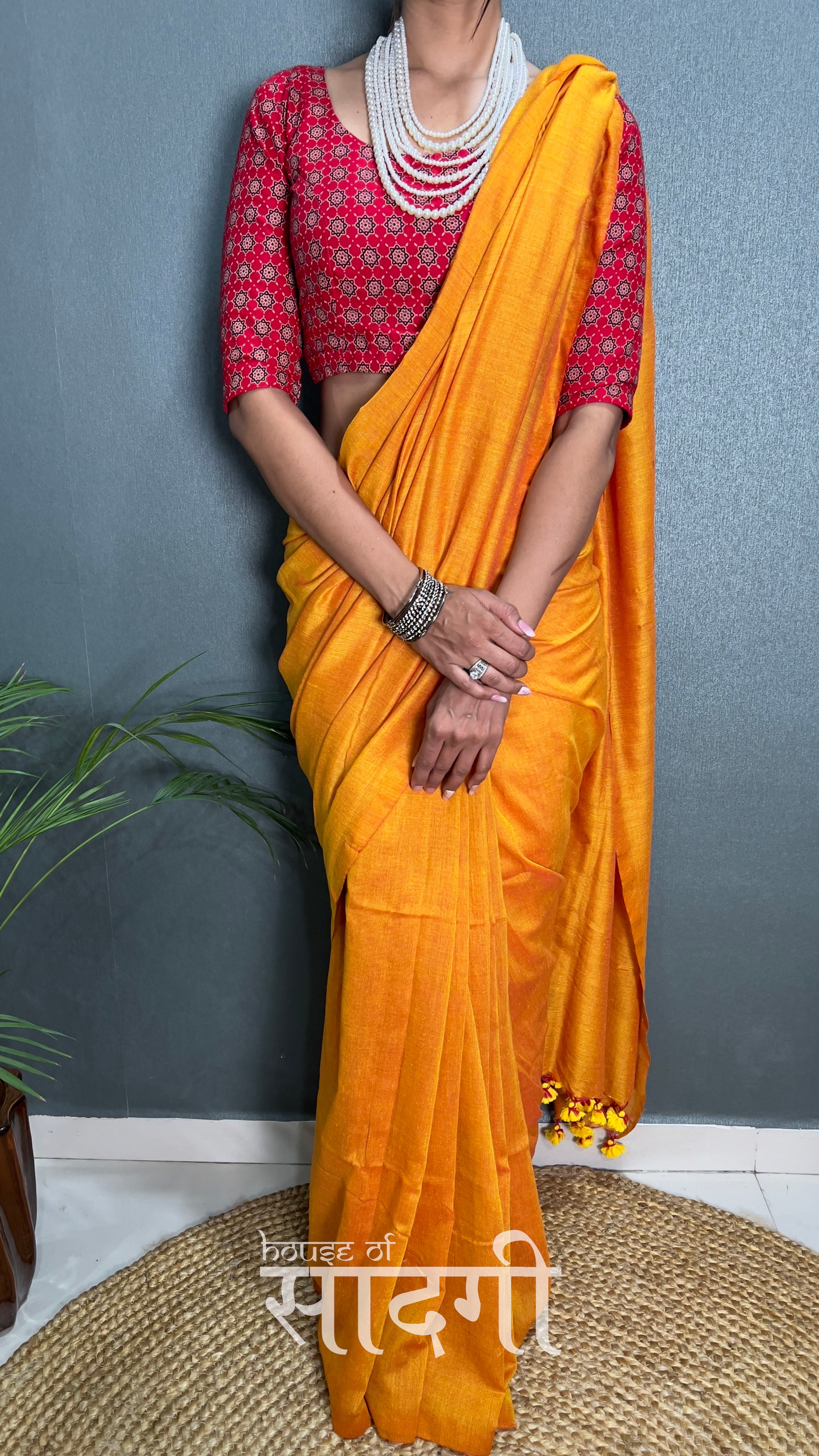 Mustard Handloom Cotton Saree With Red Printed Blouse